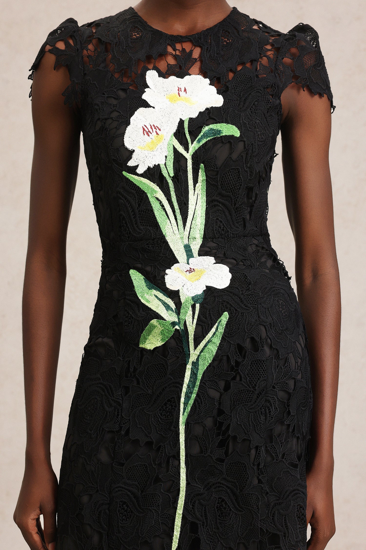 Cassandra Black Lace Embroidered Midi Dress