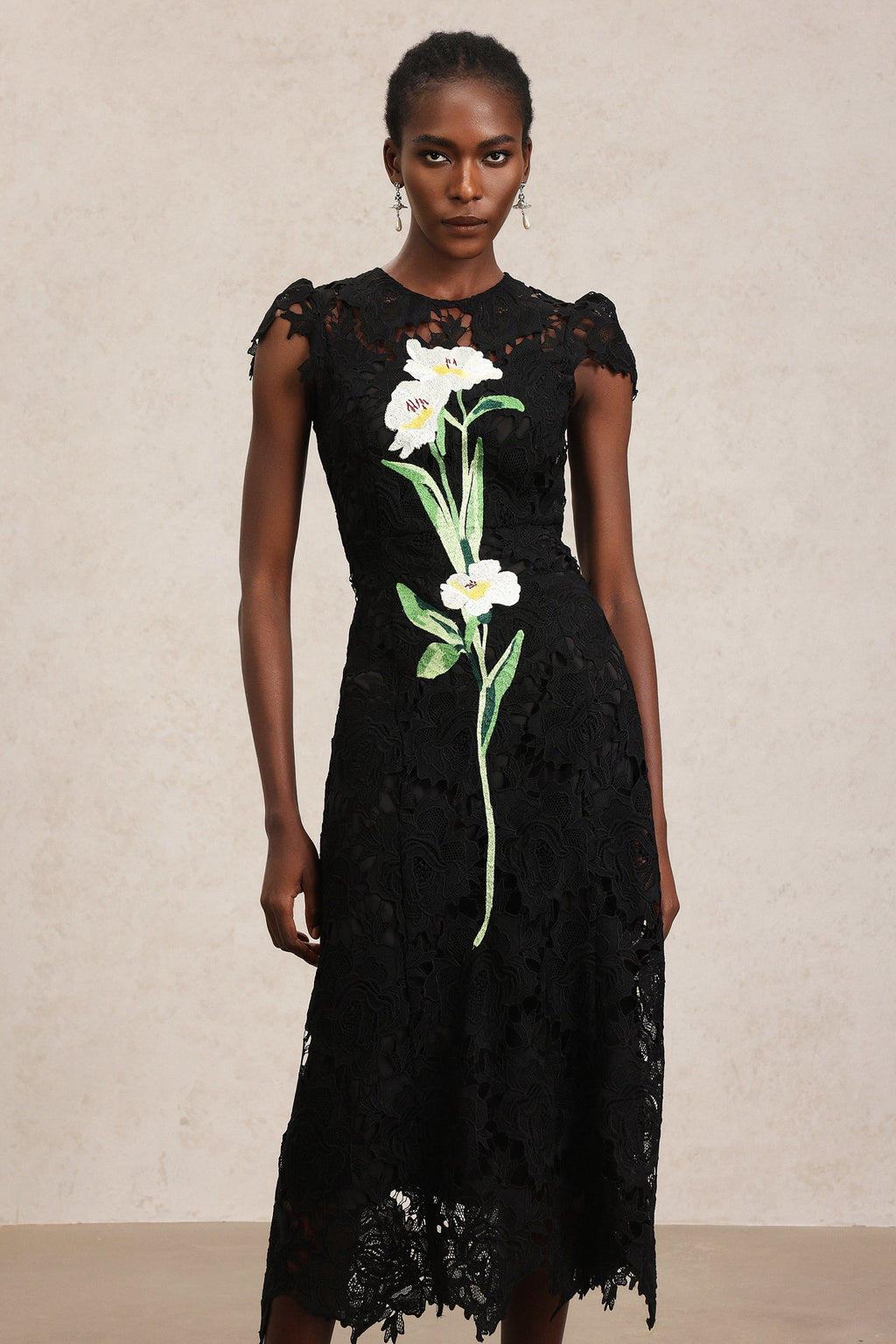 Cassandra Black Lace Floral Embroidered Sleeveless Midi Dress
