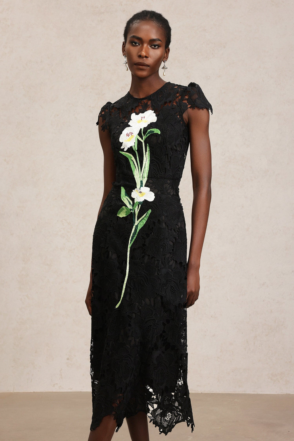 Cassandra Black Lace Floral Embroidered Sleeveless Midi Dress
