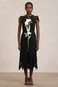 Cassandra Black Lace Sleeveless Midi Dress with Floral Embroidery