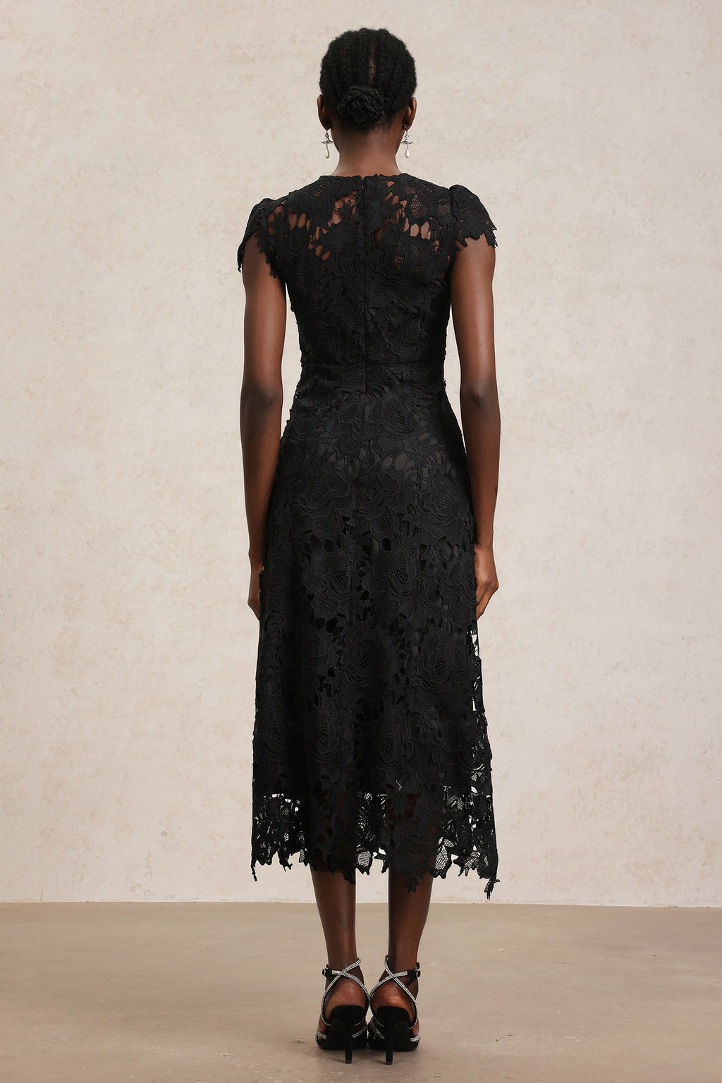 Cassandra Black Lace Sleeveless Midi Dress with Floral Embroidery