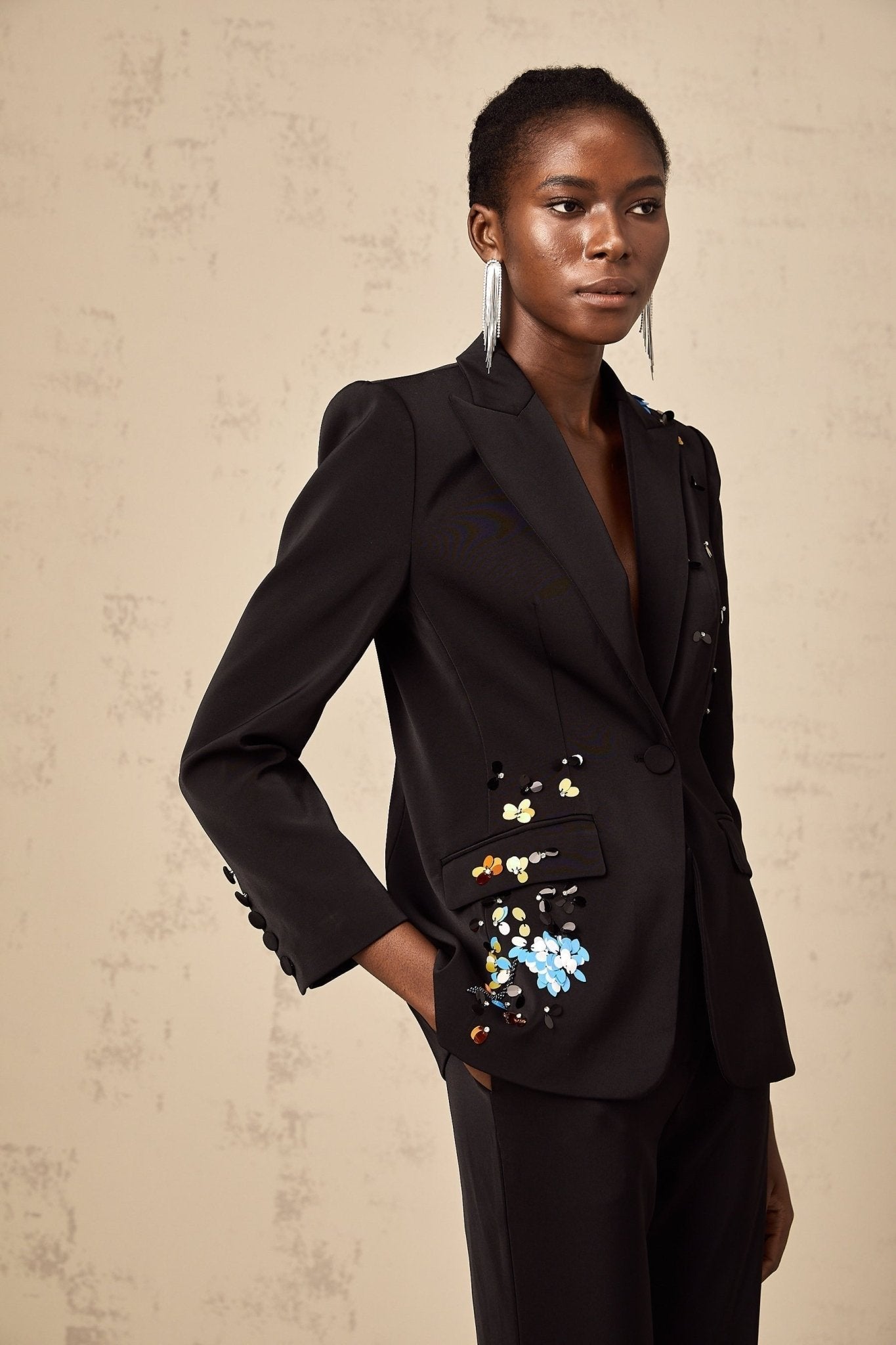 Cassandra Blazer & Trousers - Peak Lapels - Sequin Embellishment - Crystal Detail - Wide Leg