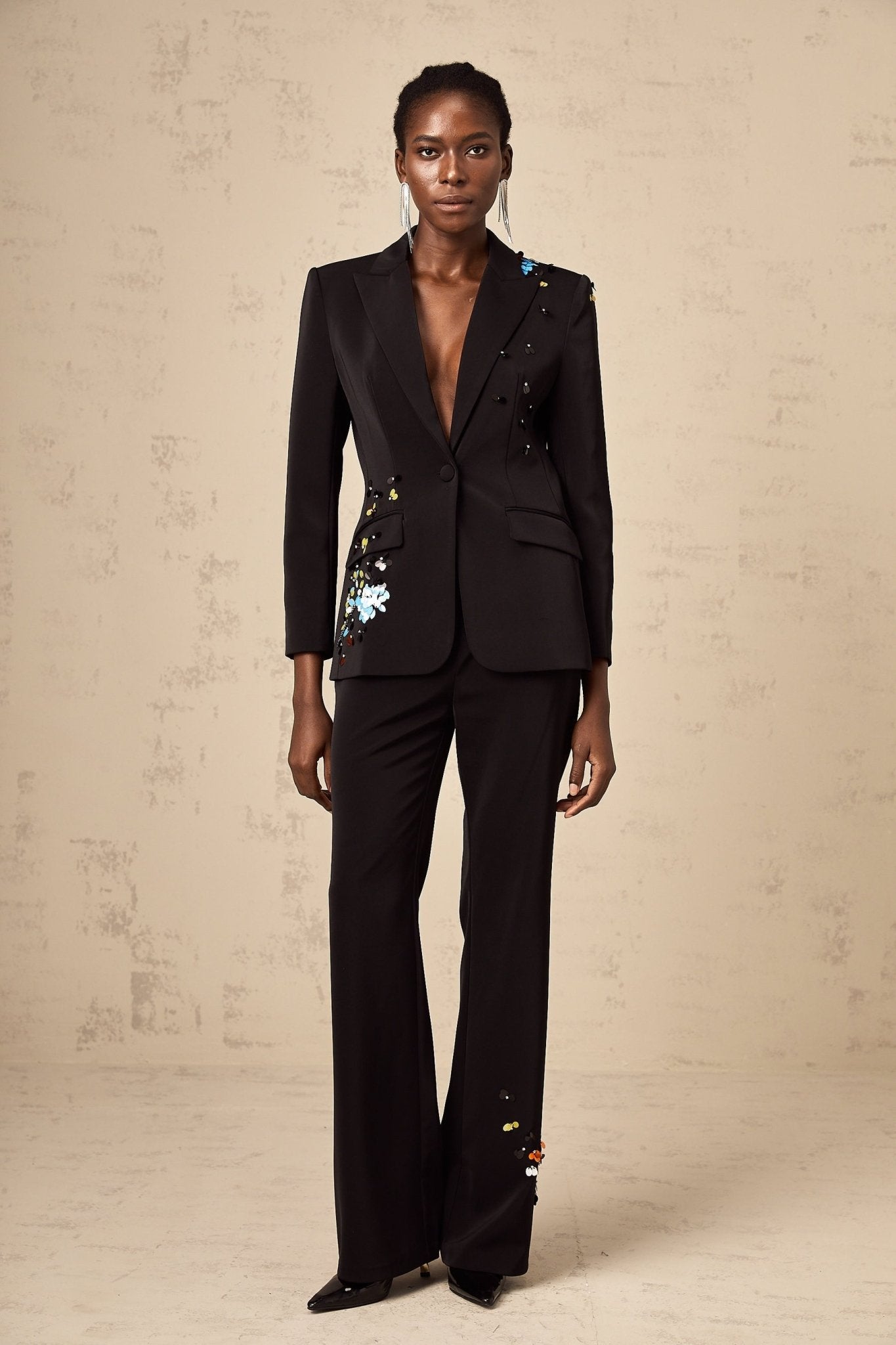 Cassandra Blazer & Trousers - Peak Lapels - Sequin Embellishment - Crystal Detail - Wide Leg