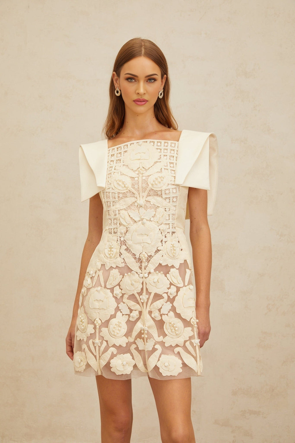 Cassandra Mini Dress - Bateau Neck - Cinched Waist - A - Line - Floral Jacquard - Crochet Detailing