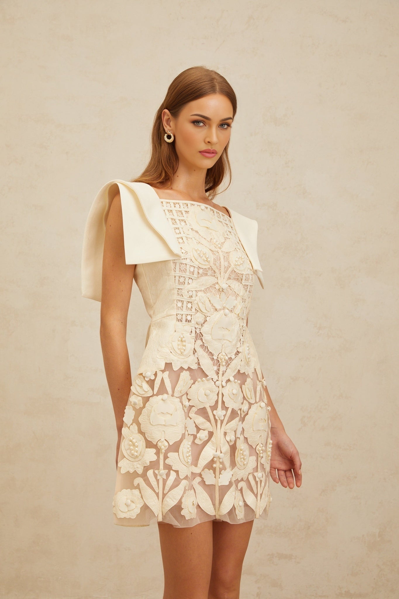 Cassandra Mini Dress - Bateau Neck - Cinched Waist - A - Line - Floral Jacquard - Crochet Detailing