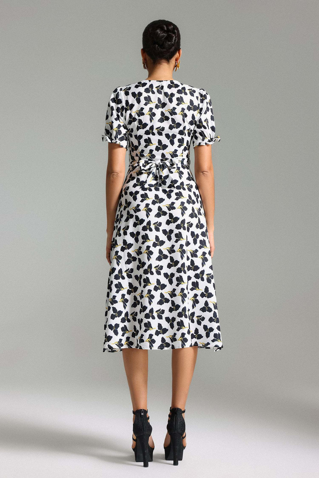 Cassandra White Floral Midi Dress V-neck Puff Sleeve Cinched Waist Lightweight Fabric