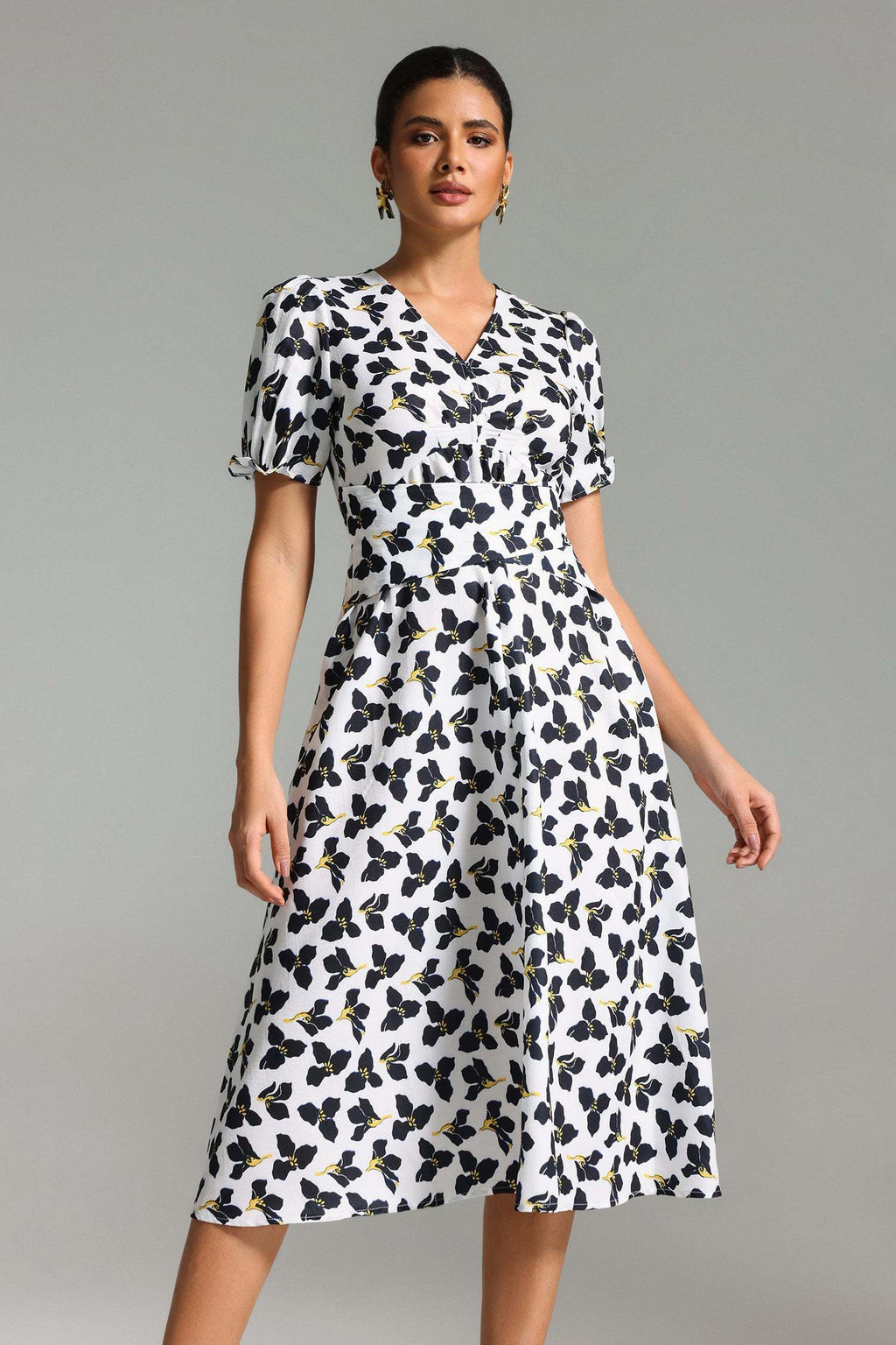Cassandra White Floral Midi Dress V-Neck Puff Sleeves Cinched Waist