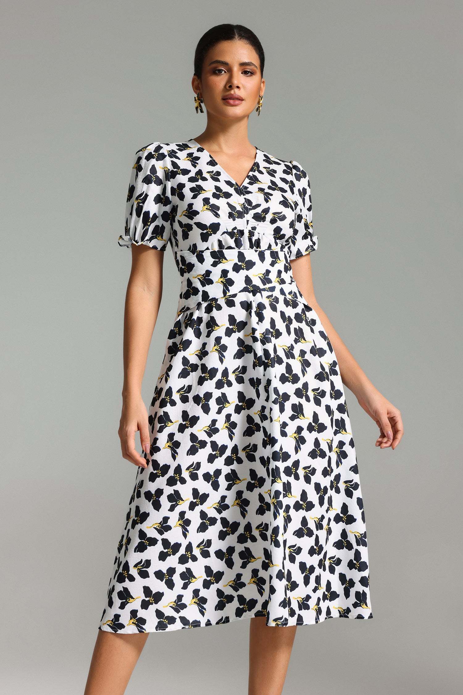 Cassandra White Floral Midi Dress V-Neck Puff Sleeves Cinched Waist
