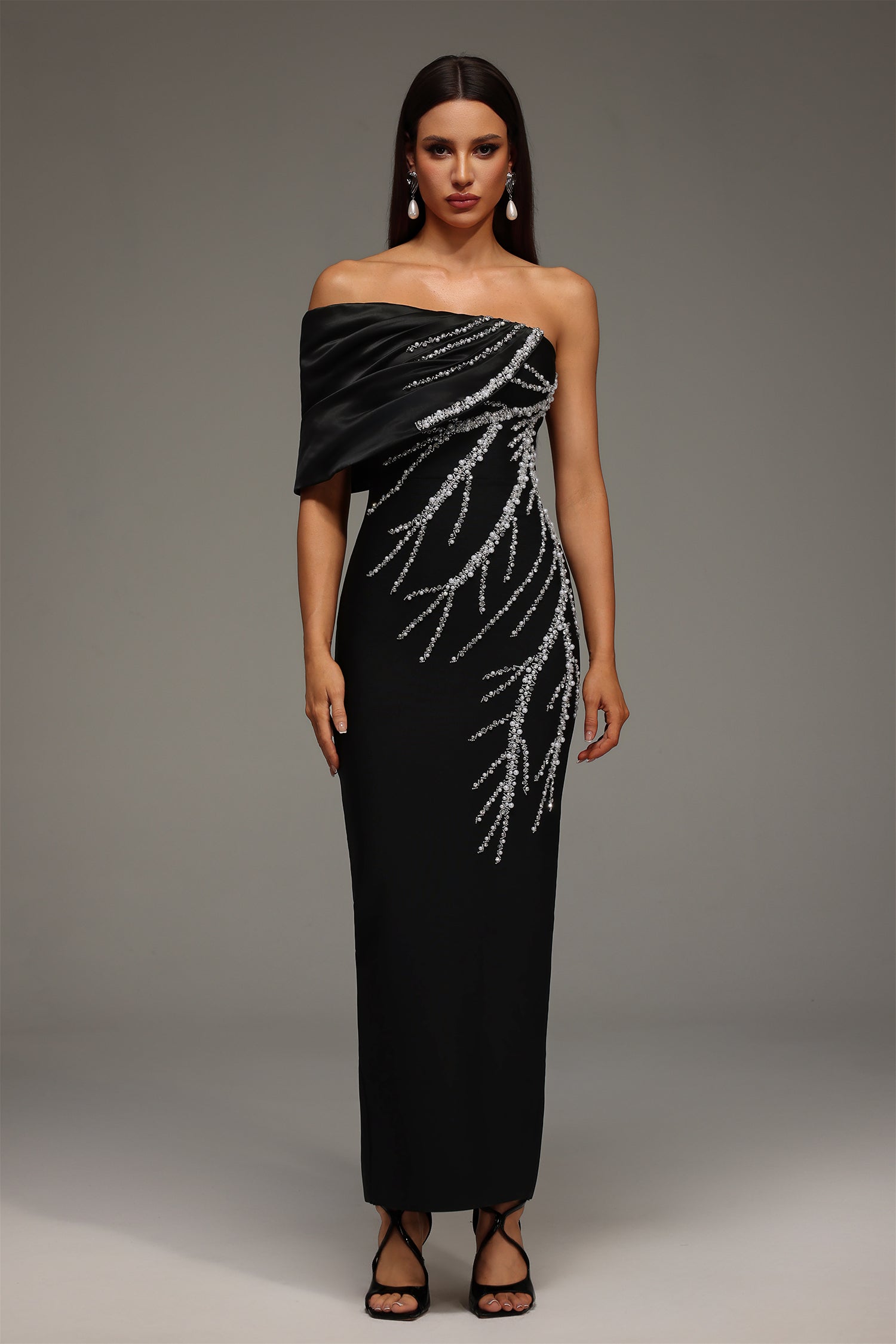 Cassidy Black Diamond Embellished One-Shoulder Dress
