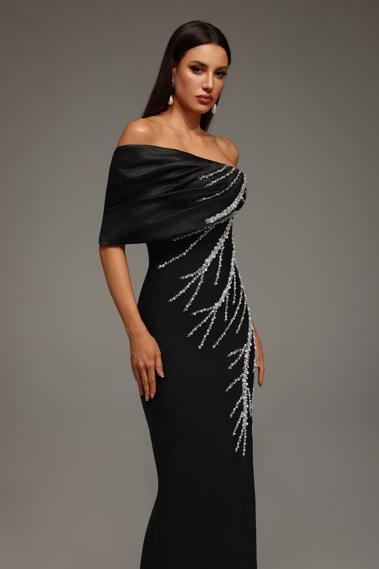 Cassidy Black Diamond Embellished One-Shoulder Dress
