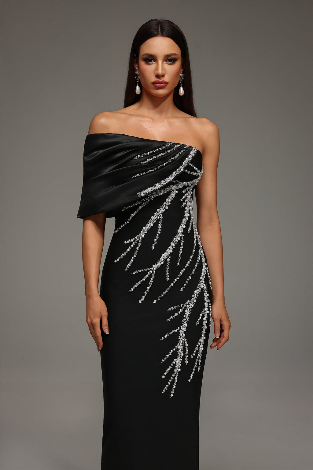 Cassidy Black Diamond Embellished One-Shoulder Dress