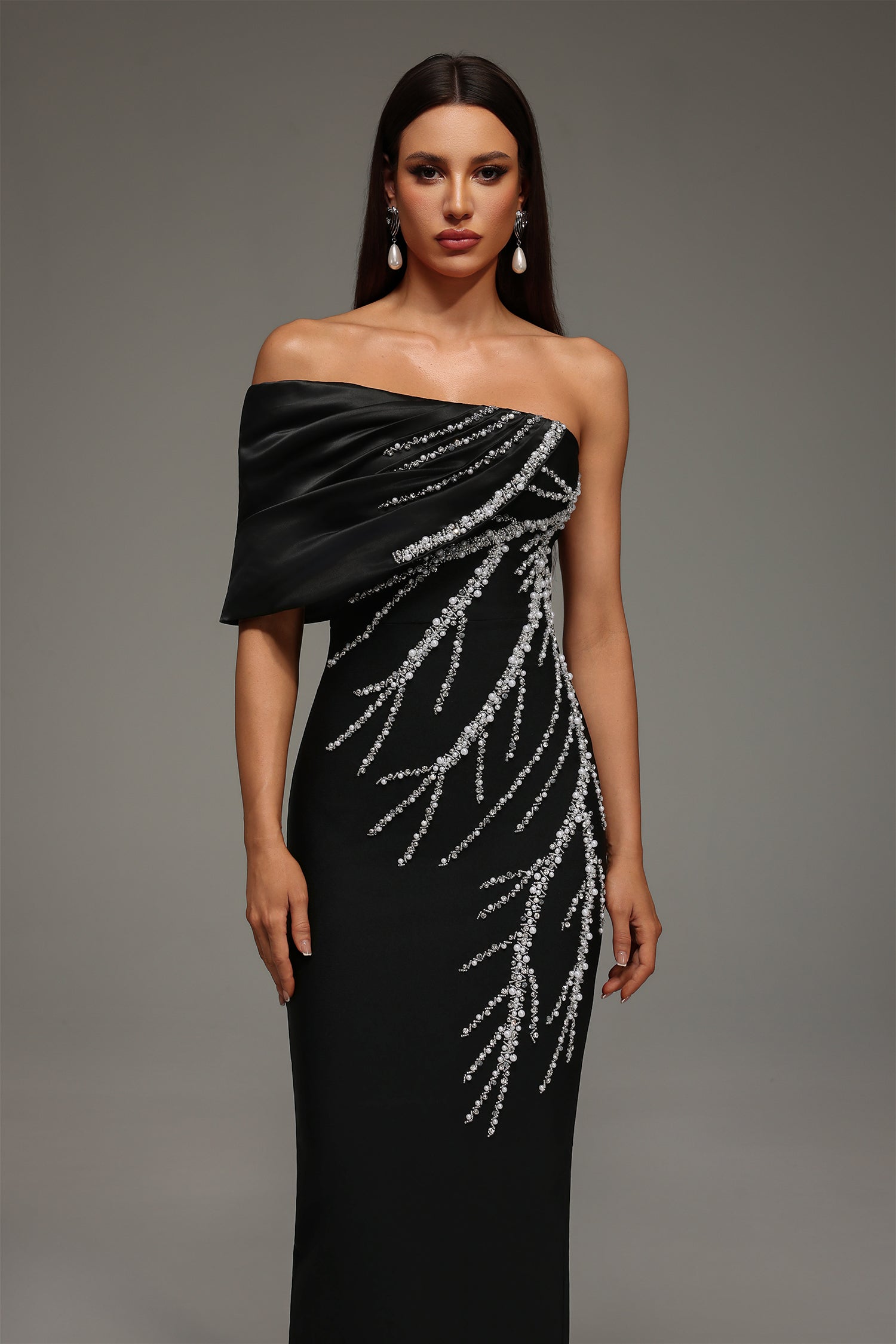 Cassidy Black Diamond Embellished One-Shoulder Dress