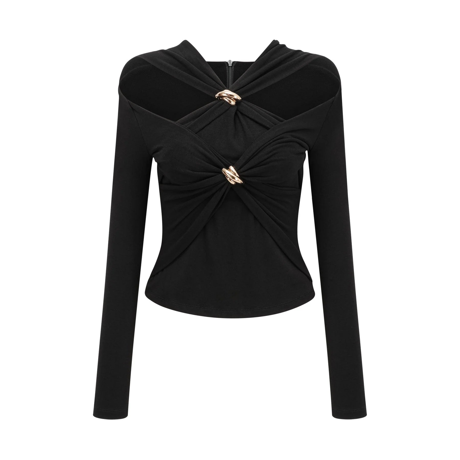 Cassidy Cut - Out Long Sleeve Top – Stretch Jersey – Gathered Detail – Gold - Tone Hardware – Zip Back