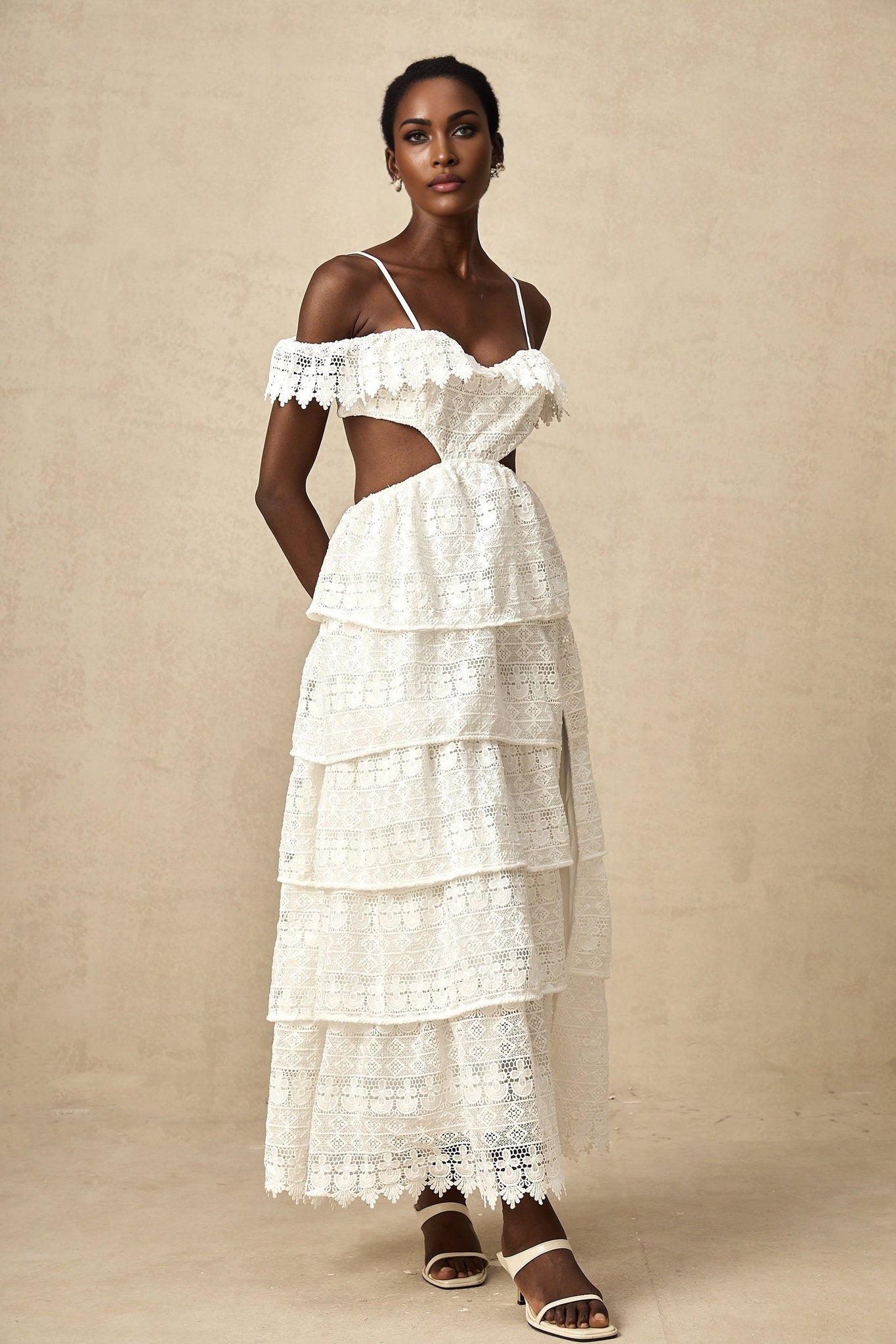 Cassidy Midi Dress - Guipure Lace - Off the Shoulder - Cut - Out Detailing - Tiered Design - Scallop Hem