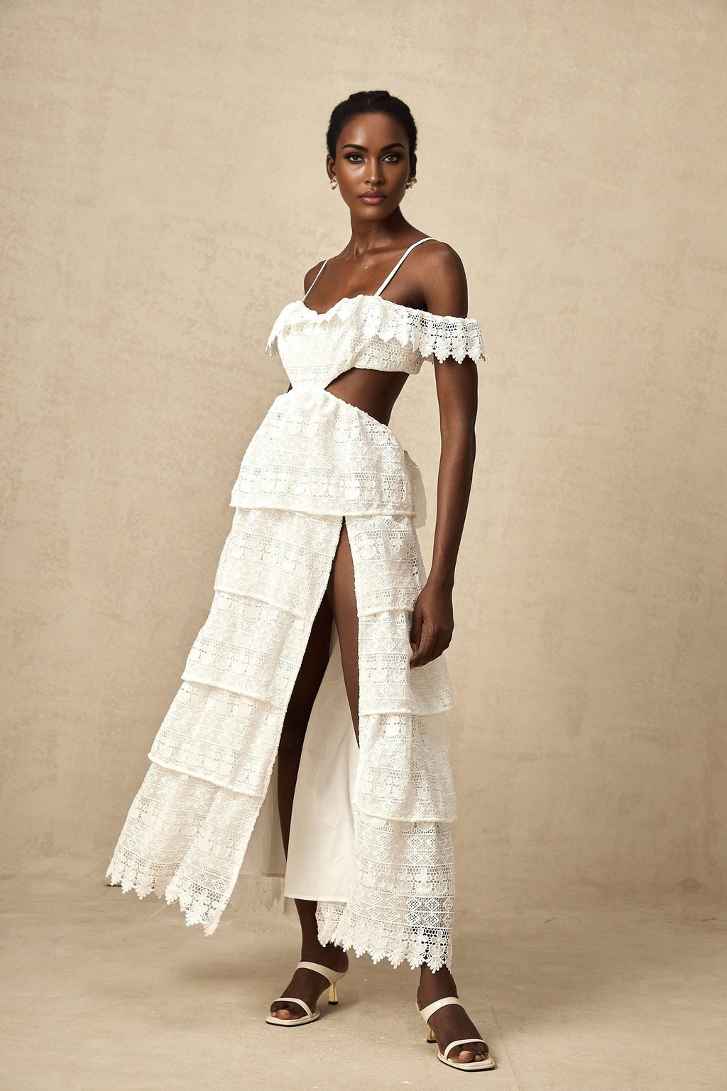Cassidy Midi Dress - Guipure Lace - Off the Shoulder - Cut - Out Detailing - Tiered Design - Scallop Hem