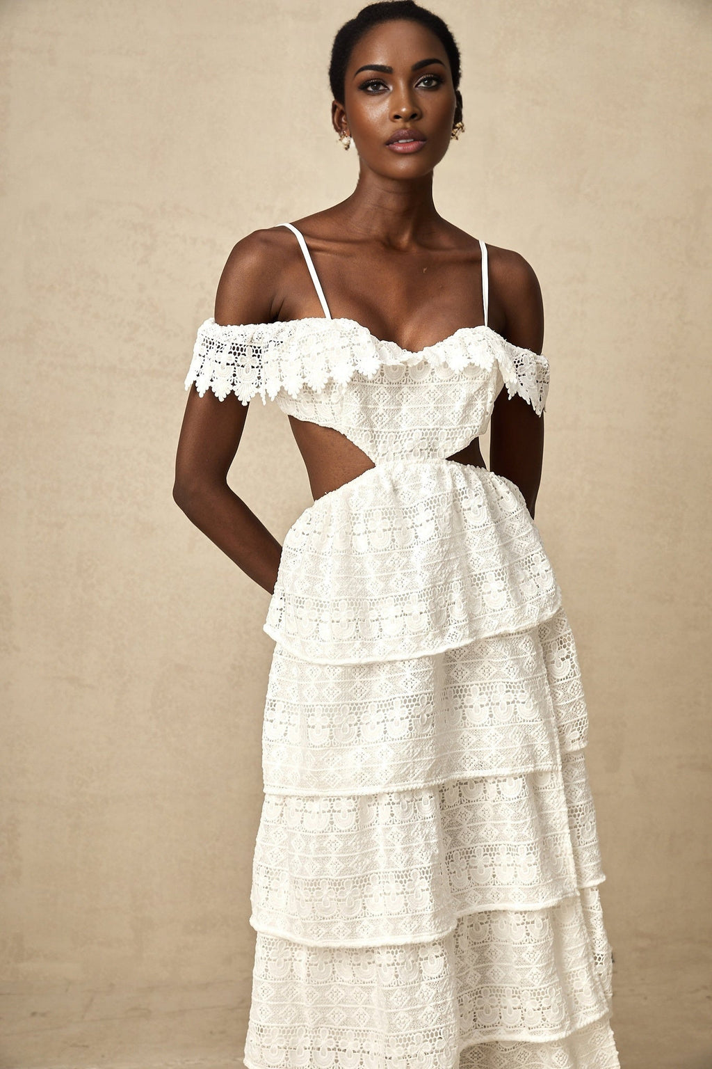 Cassidy Midi Dress - Guipure Lace - Off the Shoulder - Cut - Out Detailing - Tiered Design - Scallop Hem