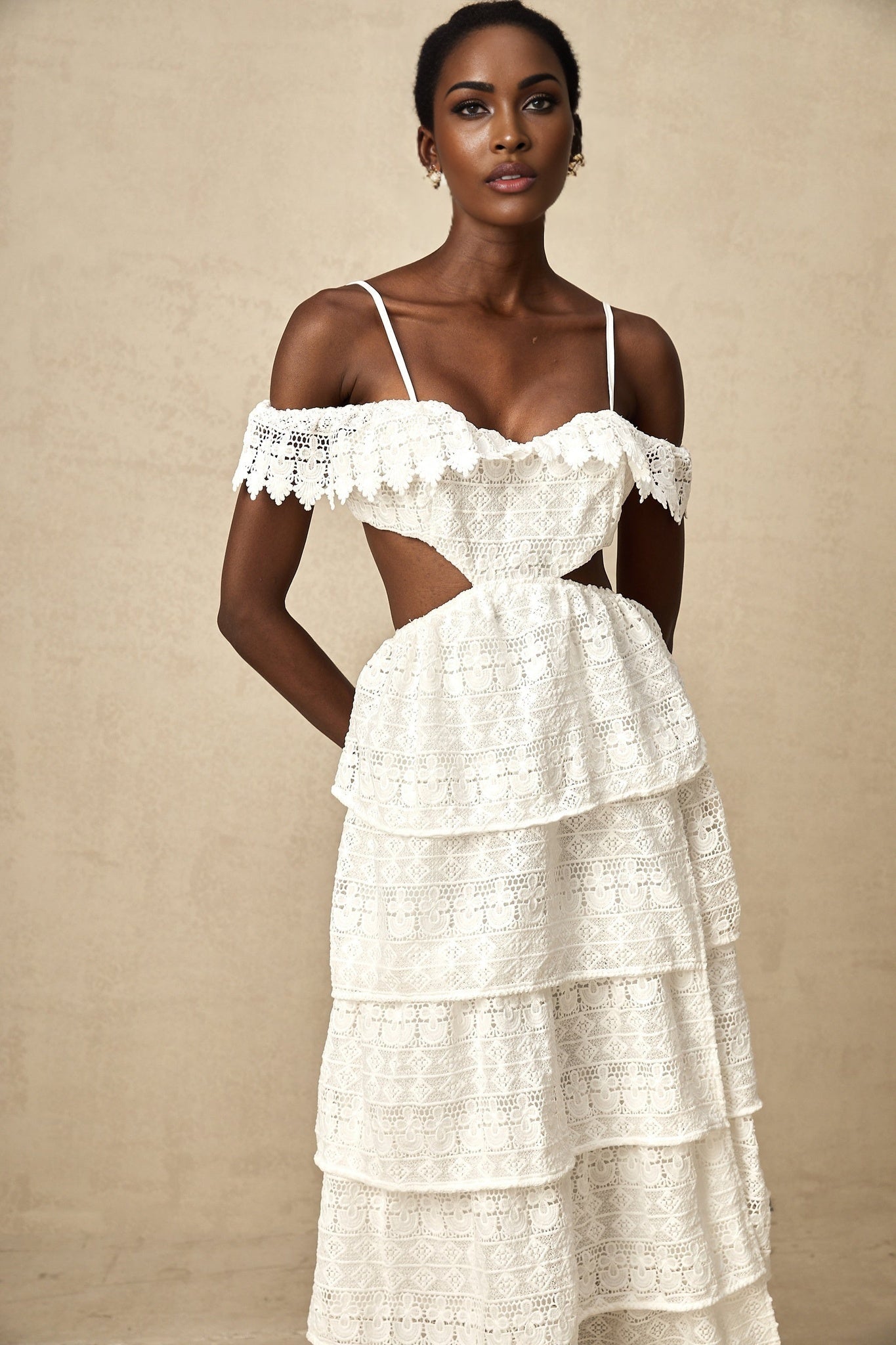 Cassidy Midi Dress - Guipure Lace - Off the Shoulder - Cut - Out Detailing - Tiered Design - Scallop Hem