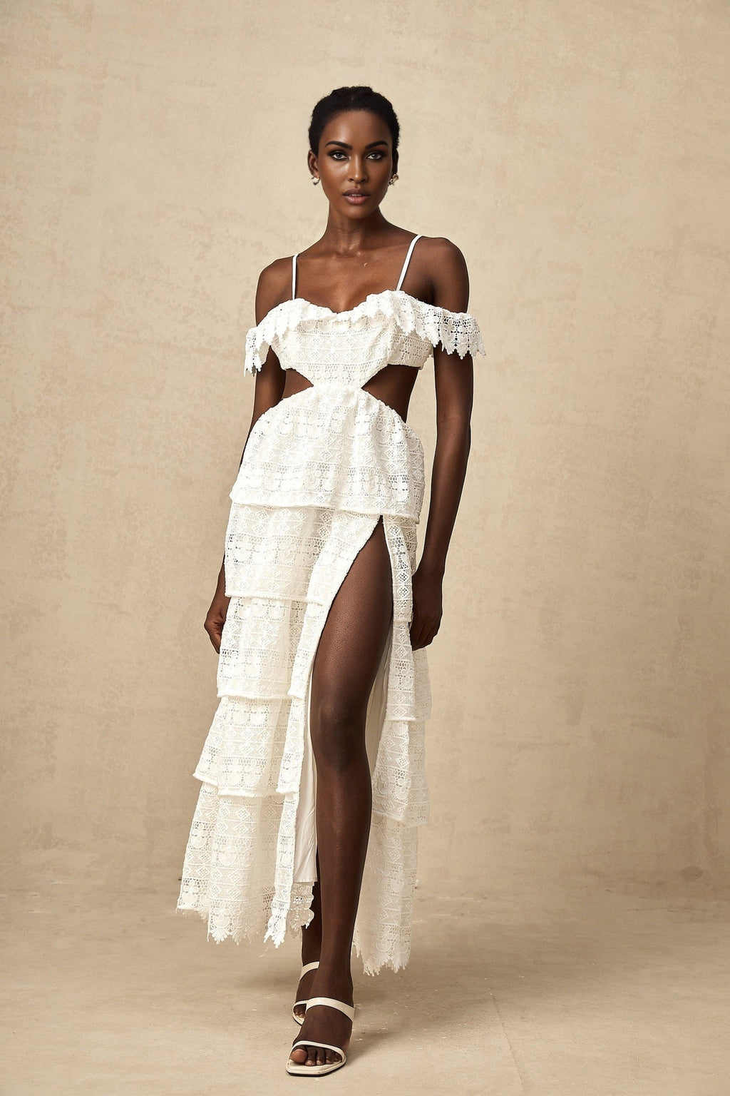 Cassidy Midi Dress - Guipure Lace - Off the Shoulder - Cut - Out Detailing - Tiered Design - Scallop Hem