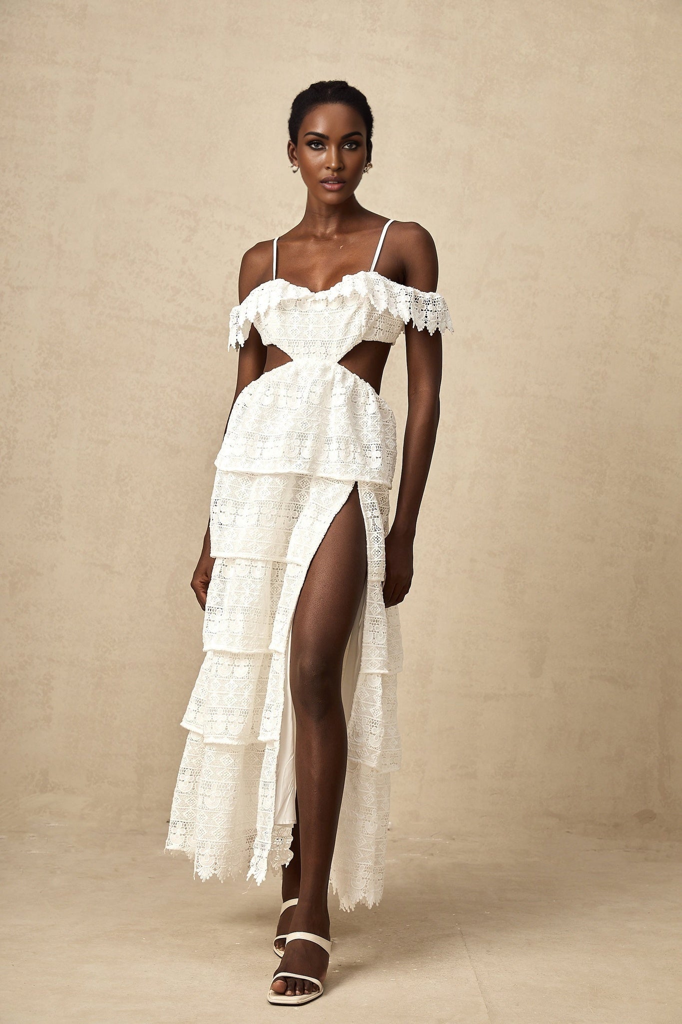 Cassidy Midi Dress - Guipure Lace - Off the Shoulder - Cut - Out Detailing - Tiered Design - Scallop Hem