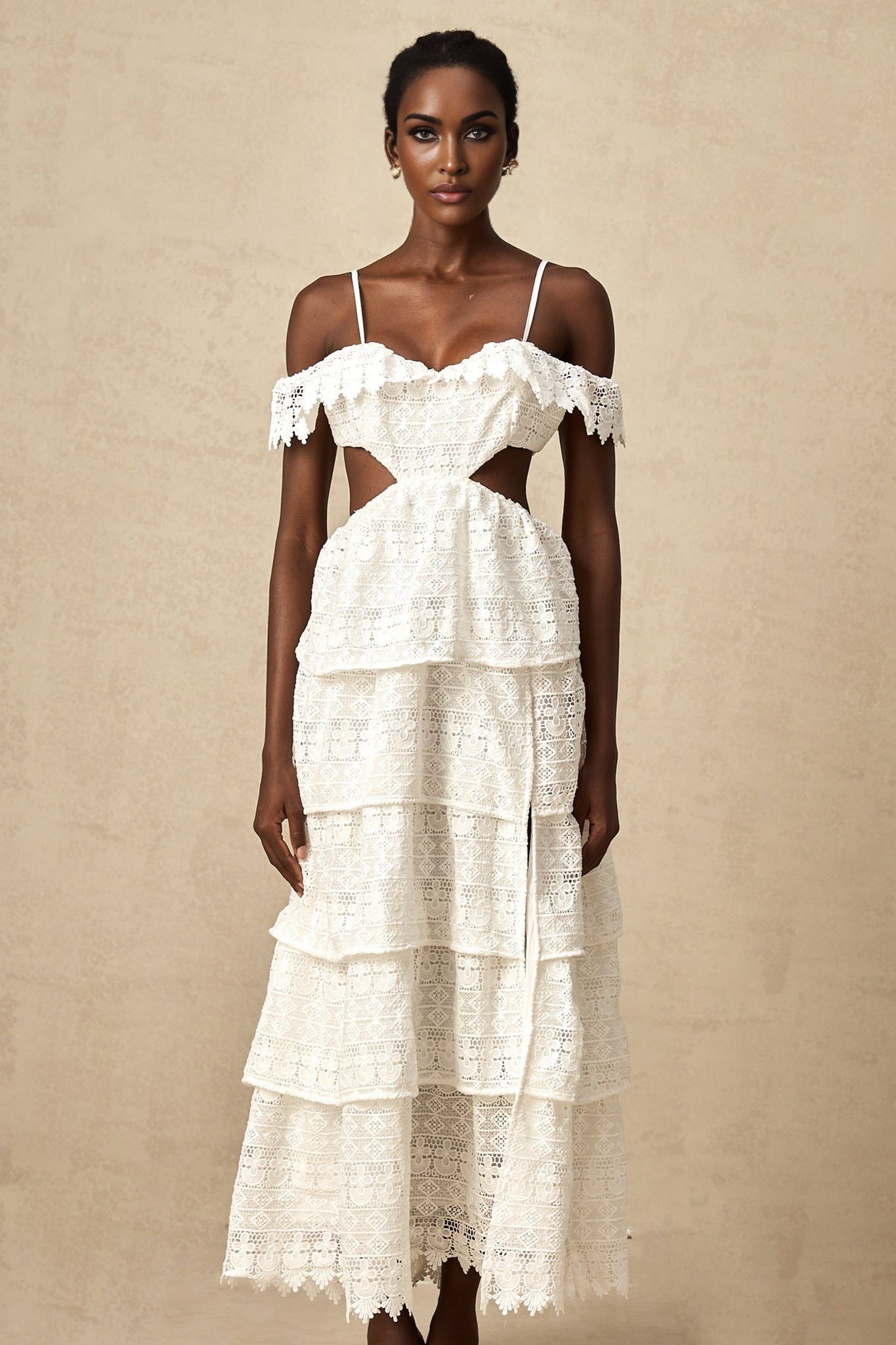 Cassidy Midi Dress - Guipure Lace - Off the Shoulder - Cut - Out Detailing - Tiered Design - Scallop Hem