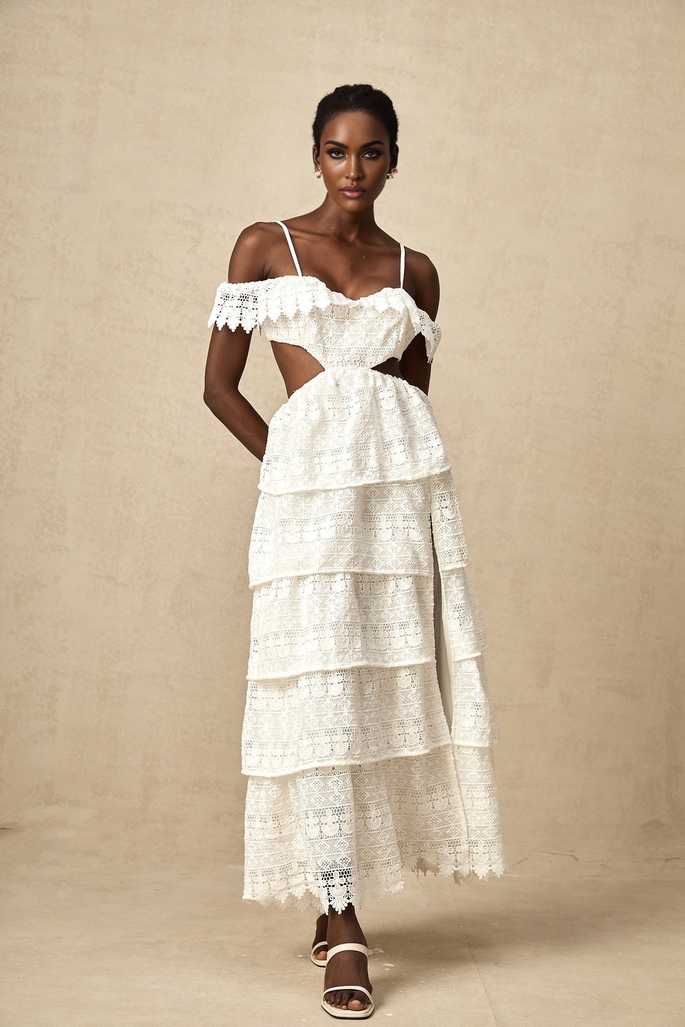 Cassidy Midi Dress - Guipure Lace - Off the Shoulder - Cut - Out Detailing - Tiered Design - Scallop Hem