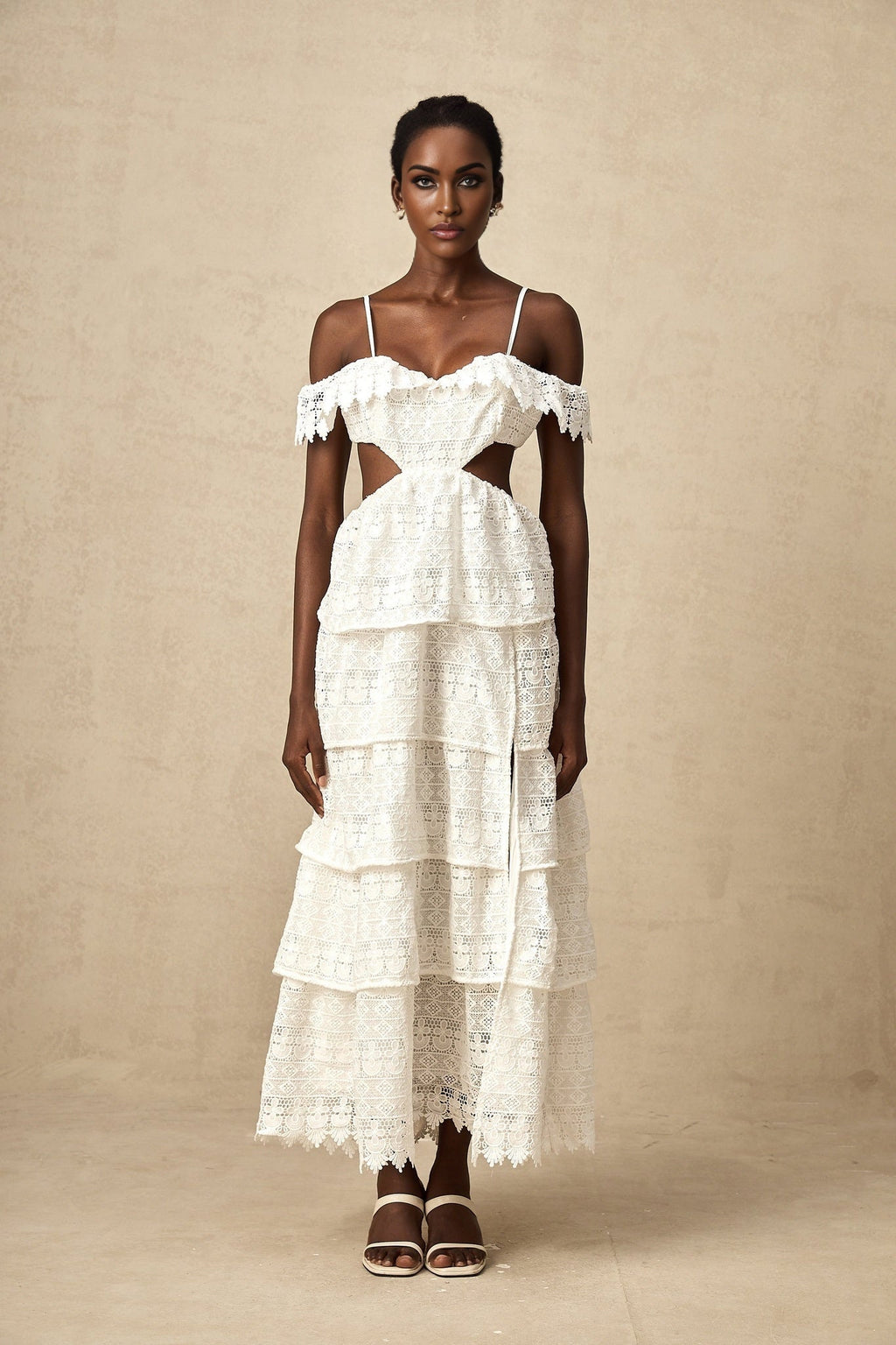 Cassidy Midi Dress - Guipure Lace - Off the Shoulder - Cut - Out Detailing - Tiered Design - Scallop Hem