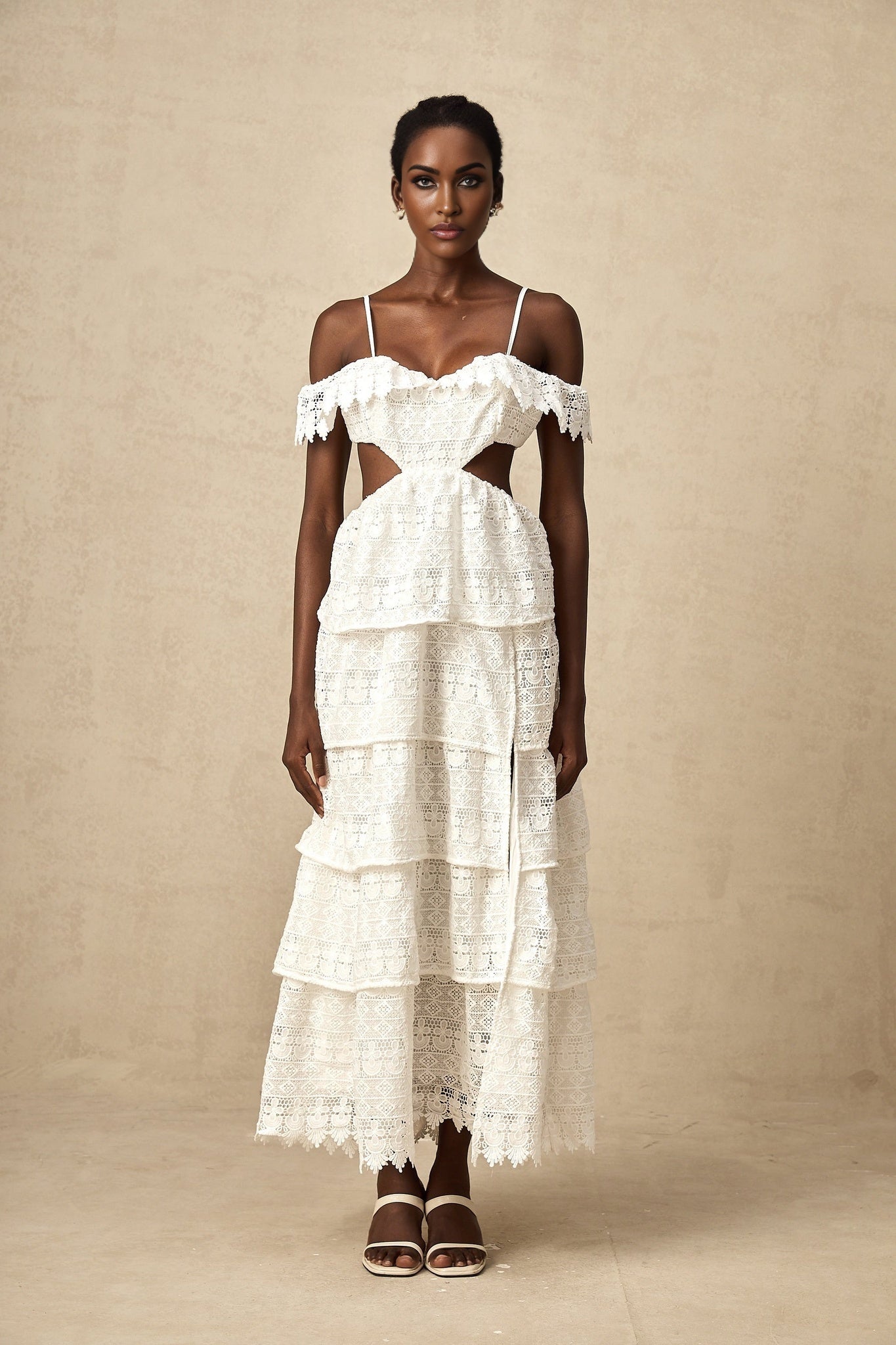 Cassidy Midi Dress - Guipure Lace - Off the Shoulder - Cut - Out Detailing - Tiered Design - Scallop Hem