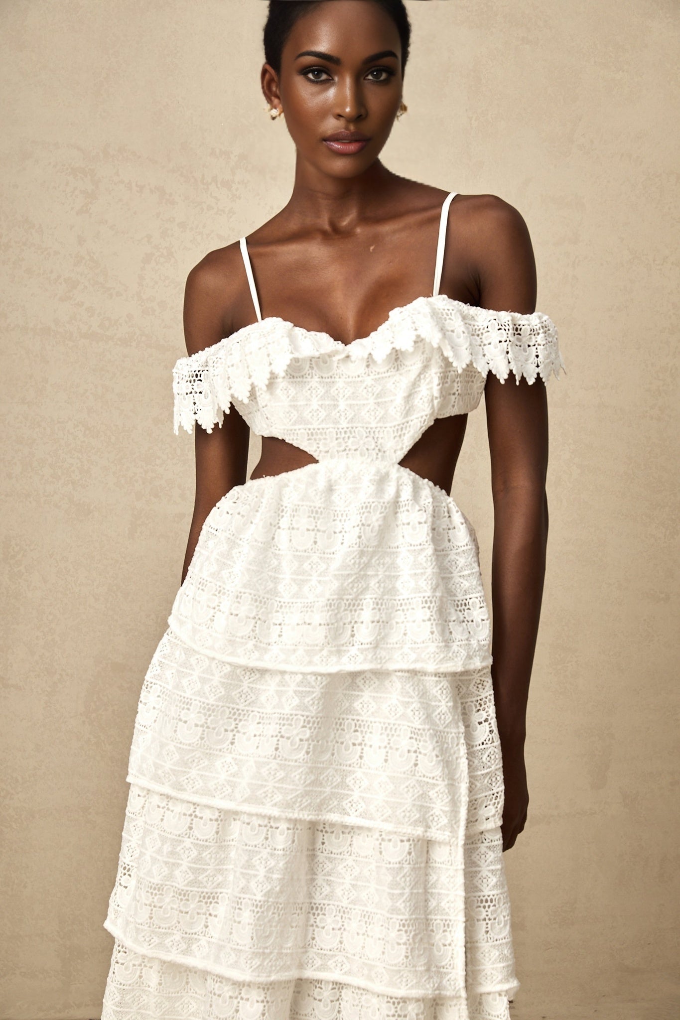 Cassidy Midi Dress - Guipure Lace - Off the Shoulder - Cut - Out Detailing - Tiered Design - Scallop Hem