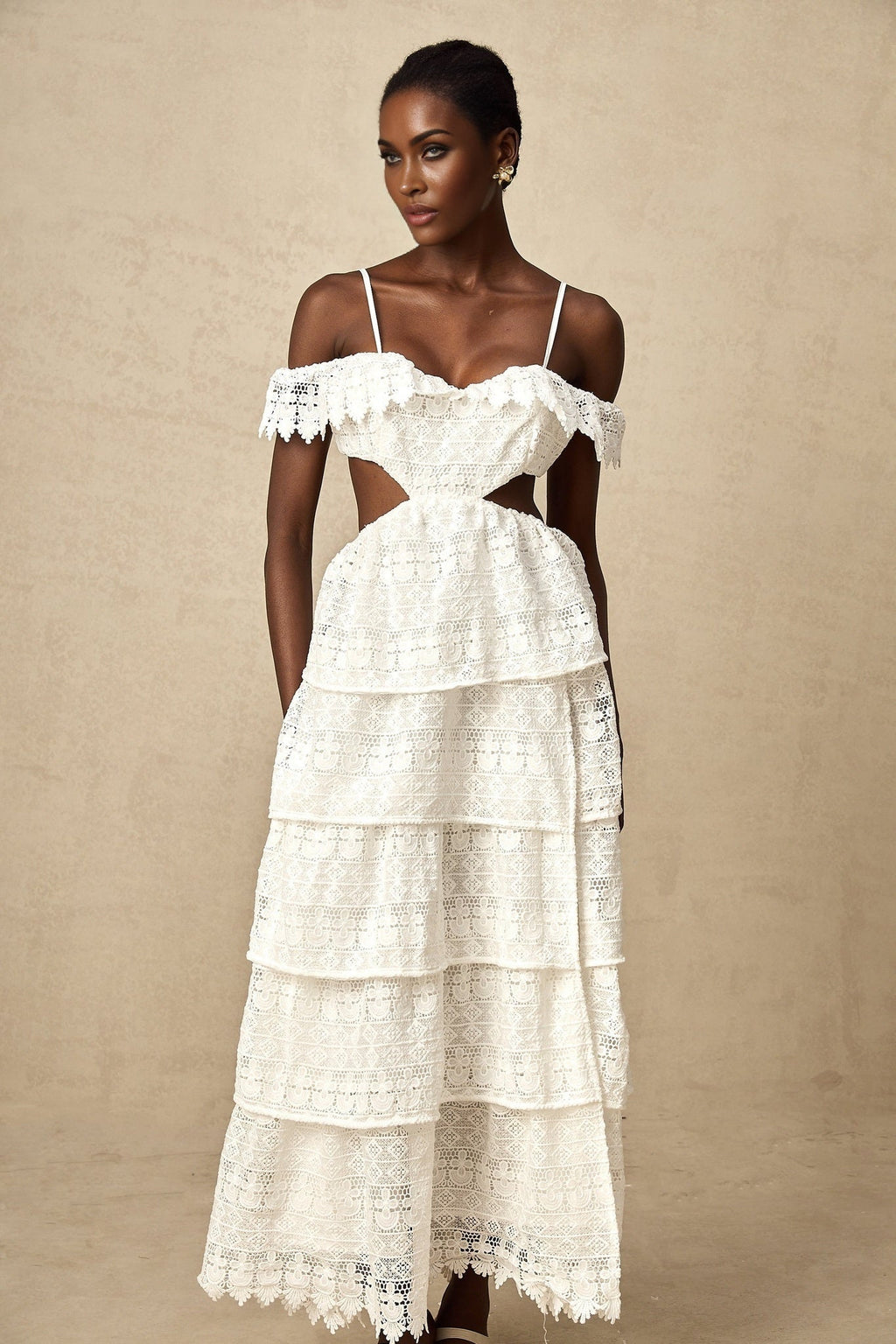 Cassidy Midi Dress - Guipure Lace - Off the Shoulder - Cut - Out Detailing - Tiered Design - Scallop Hem