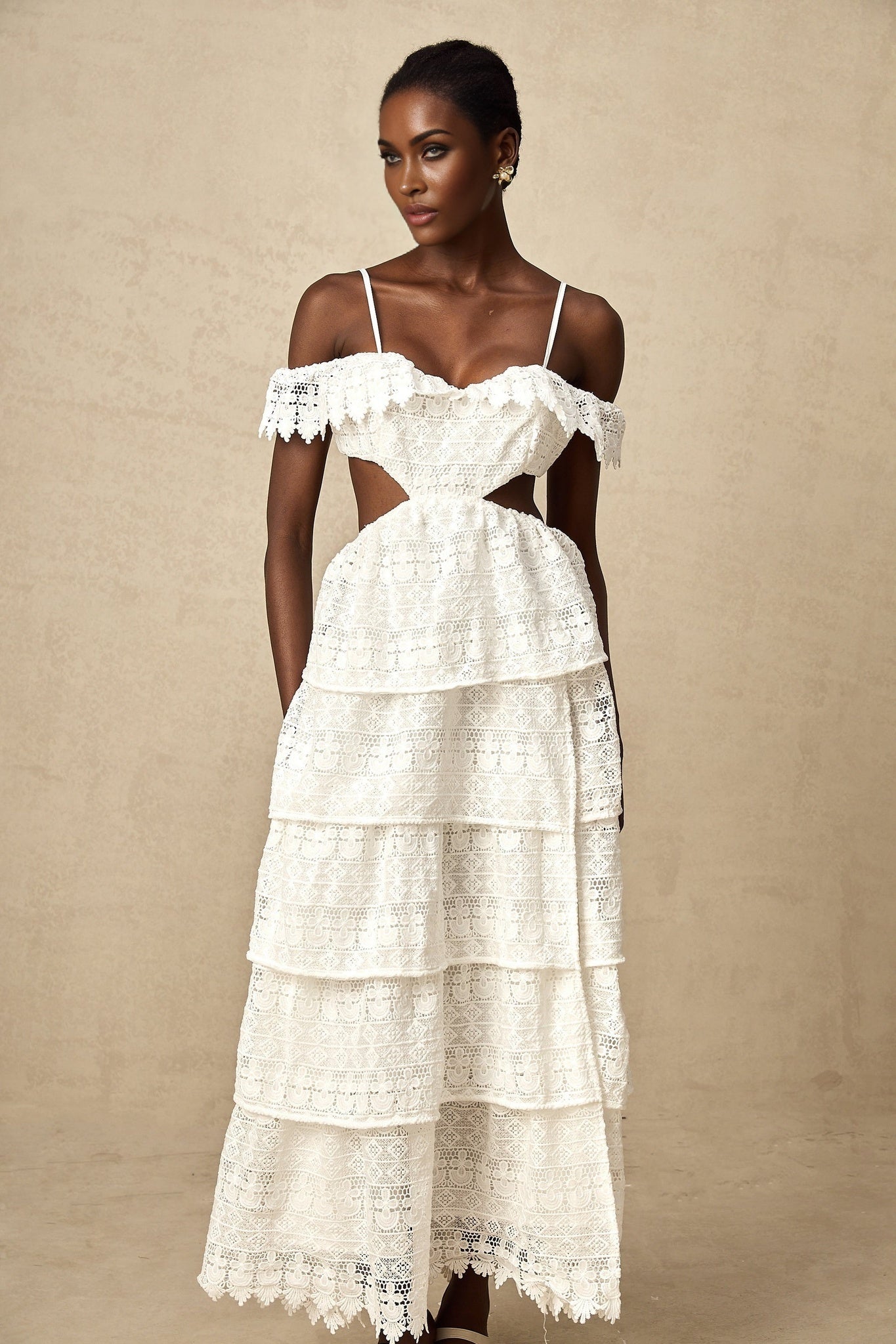 Cassidy Midi Dress - Guipure Lace - Off the Shoulder - Cut - Out Detailing - Tiered Design - Scallop Hem