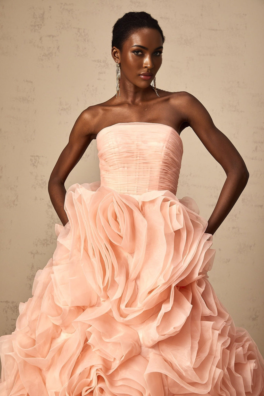 Cassidy Midi Dress - Off the Shoulder Style - Sleeveless Design - 3D Petal Detailing - Puff Skirt