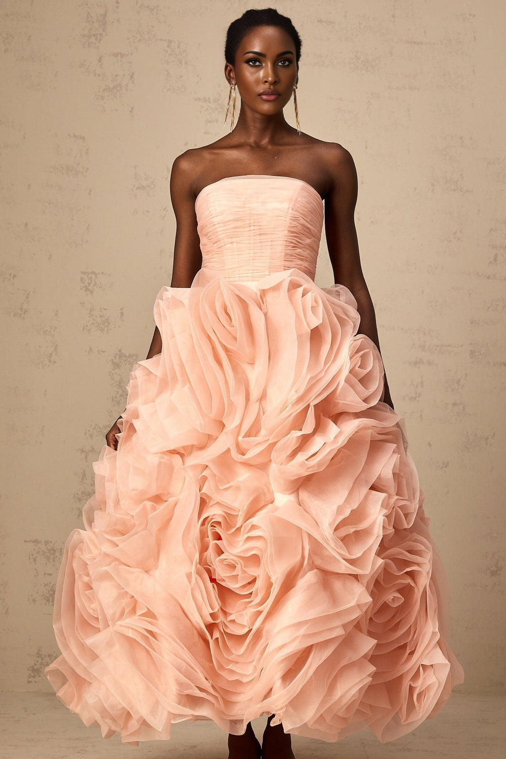 Cassidy Midi Dress - Off the Shoulder Style - Sleeveless Design - 3D Petal Detailing - Puff Skirt
