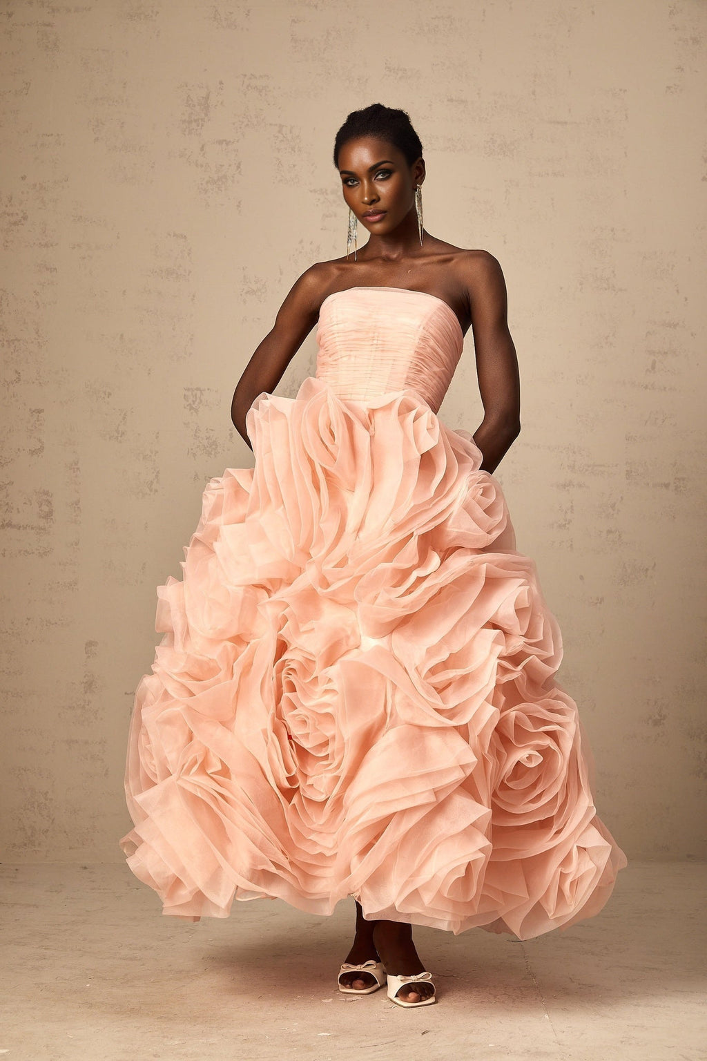 Cassidy Midi Dress - Off the Shoulder Style - Sleeveless Design - 3D Petal Detailing - Puff Skirt