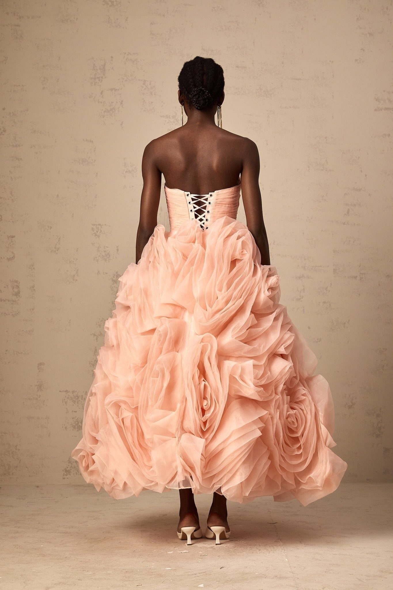 Cassidy Midi Dress - Off the Shoulder Style - Sleeveless Design - 3D Petal Detailing - Puff Skirt