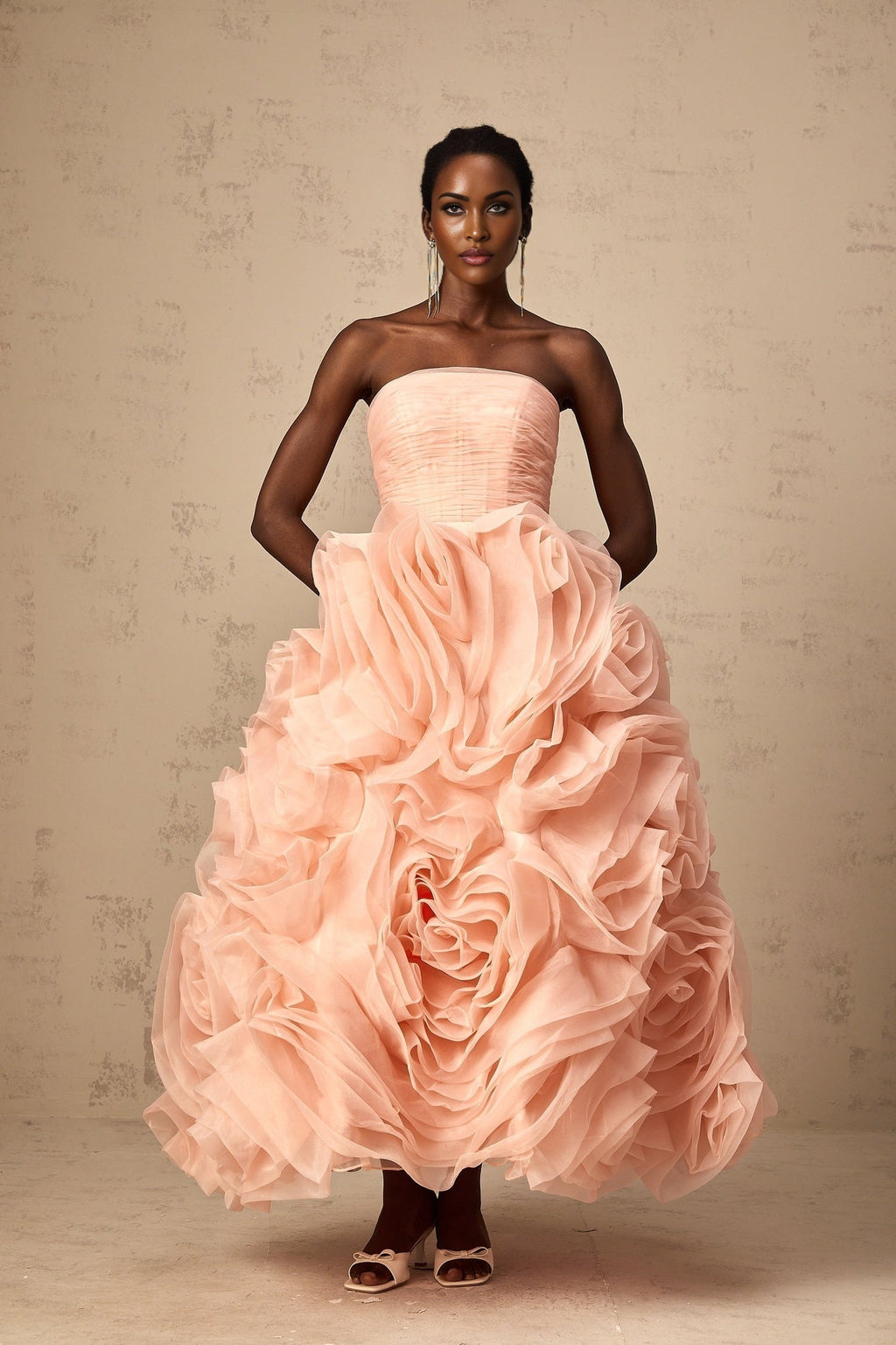 Cassidy Midi Dress - Off the Shoulder Style - Sleeveless Design - 3D Petal Detailing - Puff Skirt
