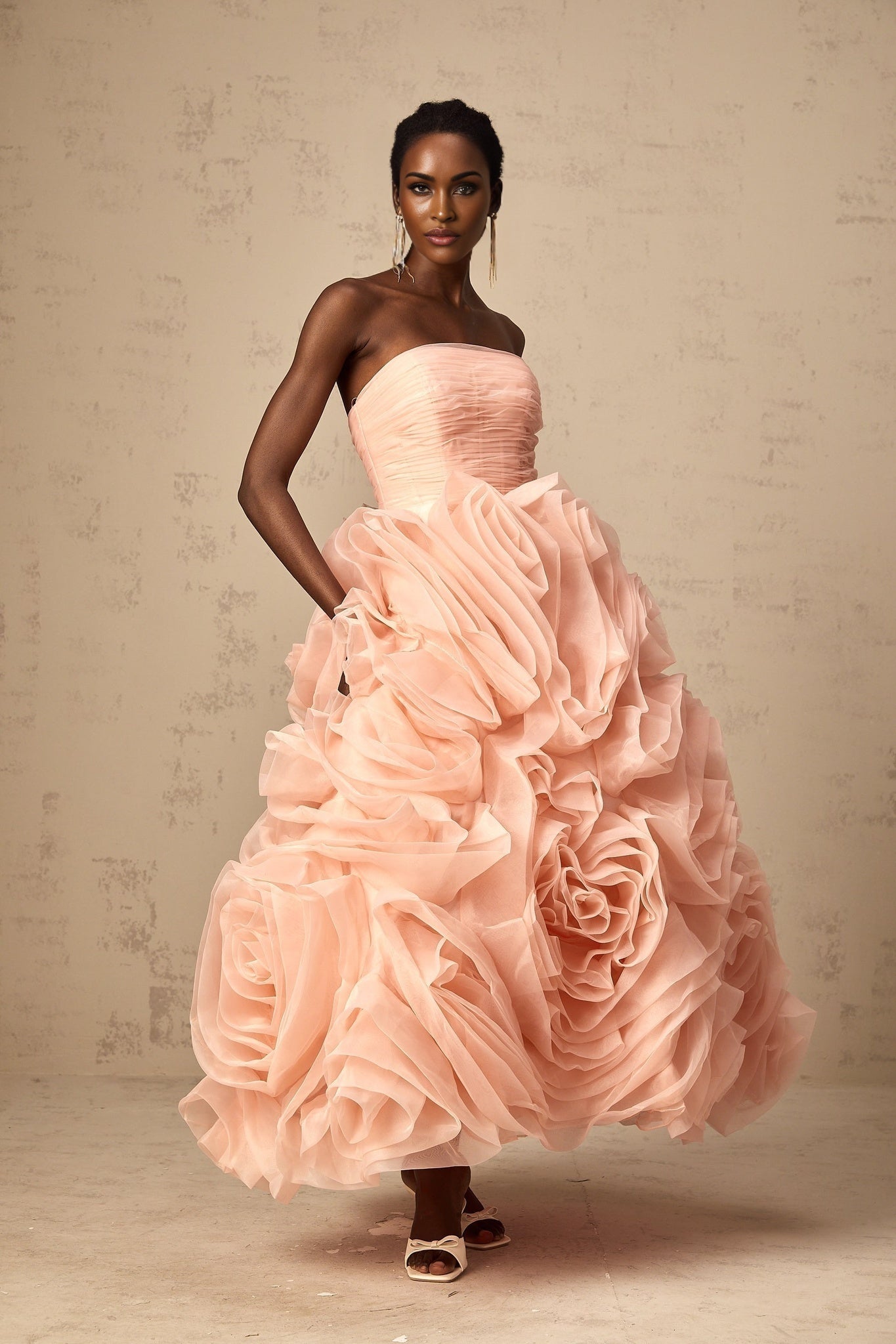 Cassidy Midi Dress - Off the Shoulder Style - Sleeveless Design - 3D Petal Detailing - Puff Skirt