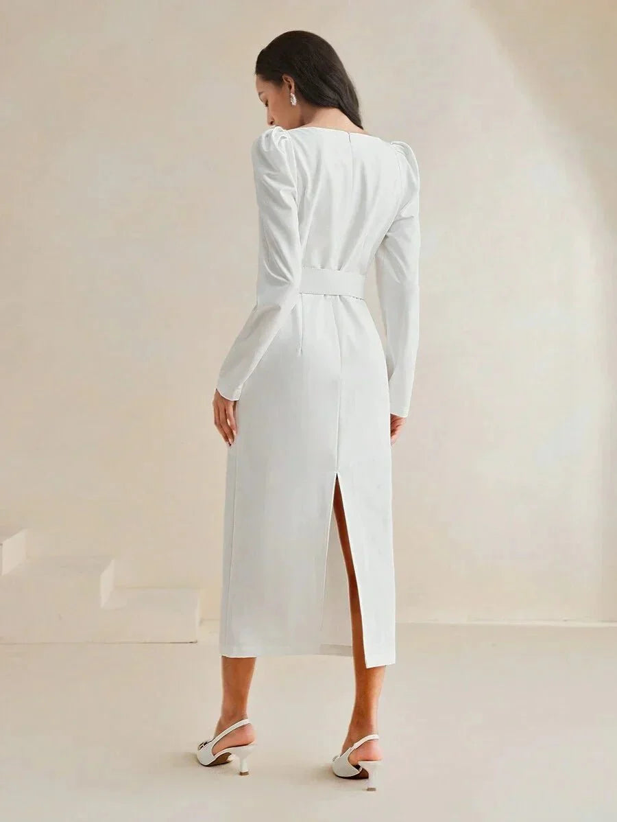 Cassidy Midi Dress - Sweetheart Neckline - Puff Sleeve - High Waist - Elegant Style - Belted & Zipper