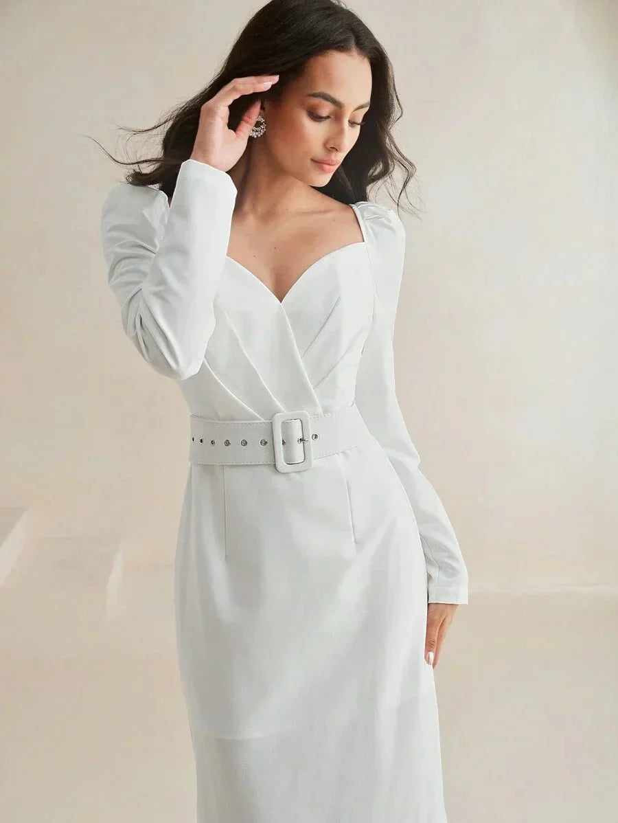 Cassidy Midi Dress - Sweetheart Neckline - Puff Sleeve - High Waist - Elegant Style - Belted & Zipper
