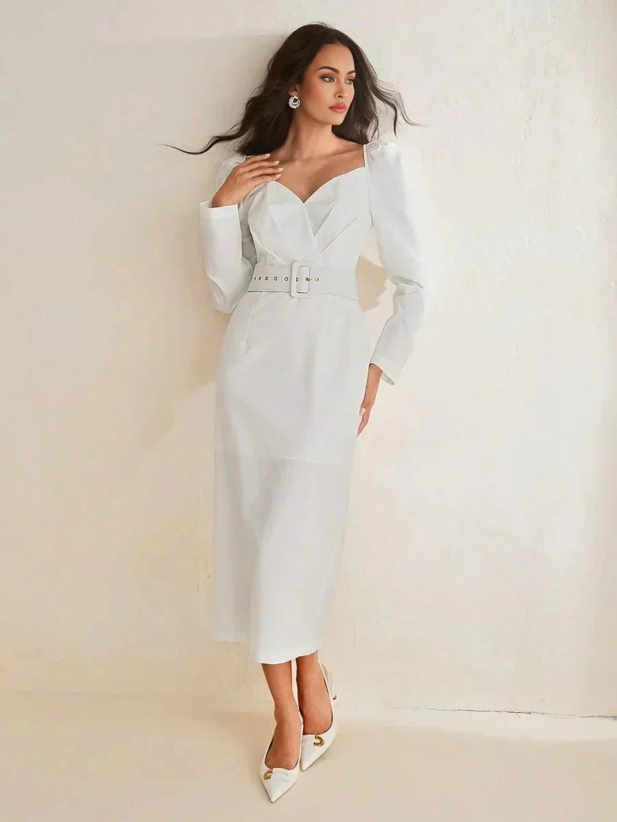 Cassidy Midi Dress - Sweetheart Neckline - Puff Sleeve - High Waist - Elegant Style - Belted & Zipper