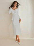Cassidy Midi Dress - Sweetheart Neckline - Puff Sleeve - High Waist - Elegant Style - Belted & Zipper