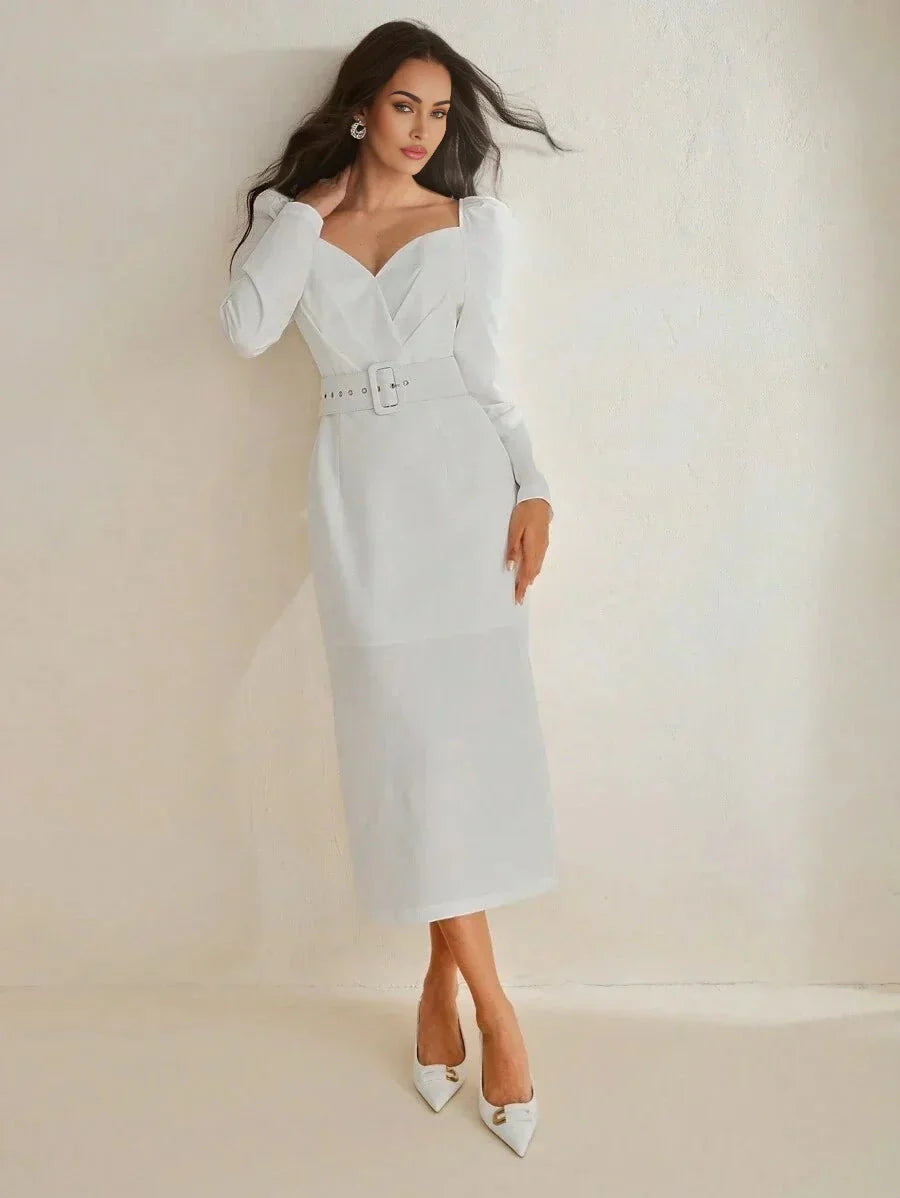 Cassidy Midi Dress - Sweetheart Neckline - Puff Sleeve - High Waist - Elegant Style - Belted & Zipper