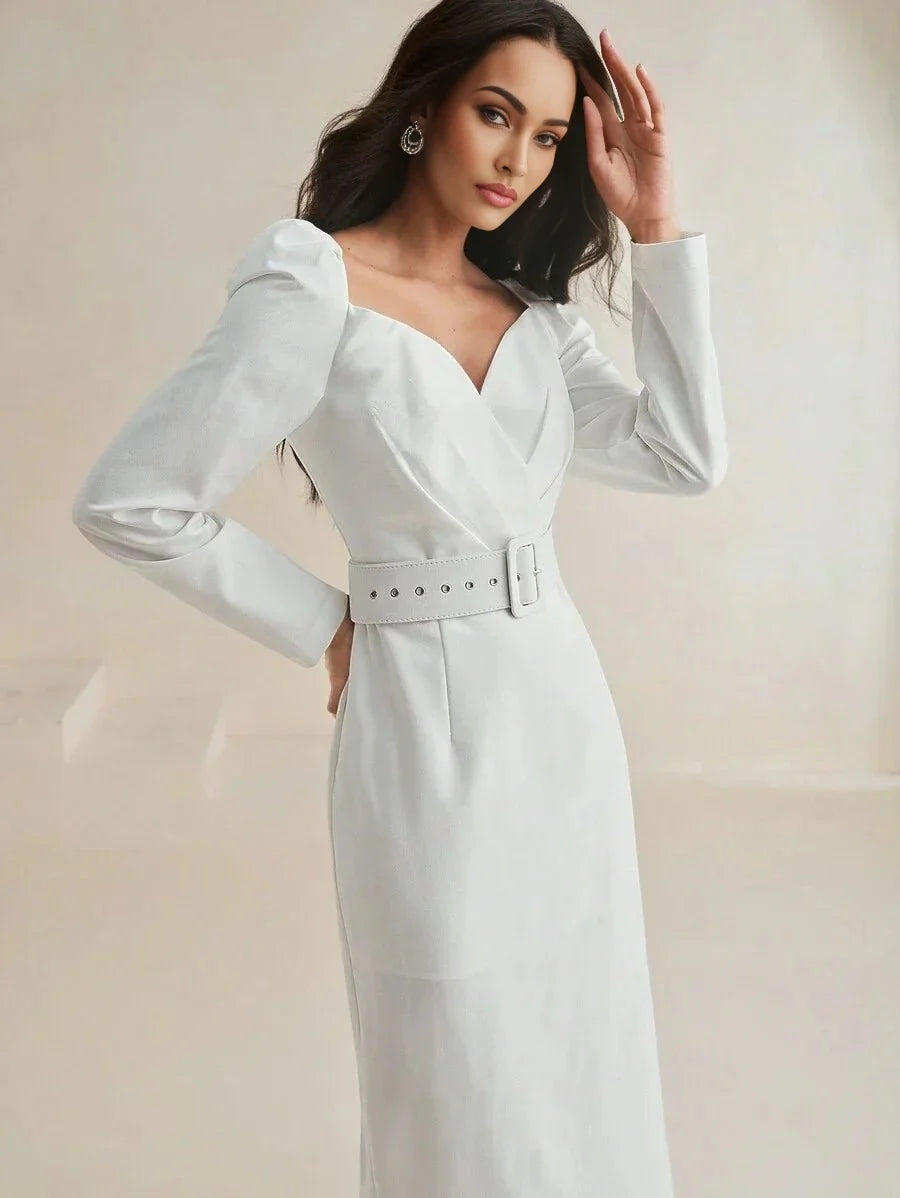 Cassidy Midi Dress - Sweetheart Neckline - Puff Sleeve - High Waist - Elegant Style - Belted & Zipper