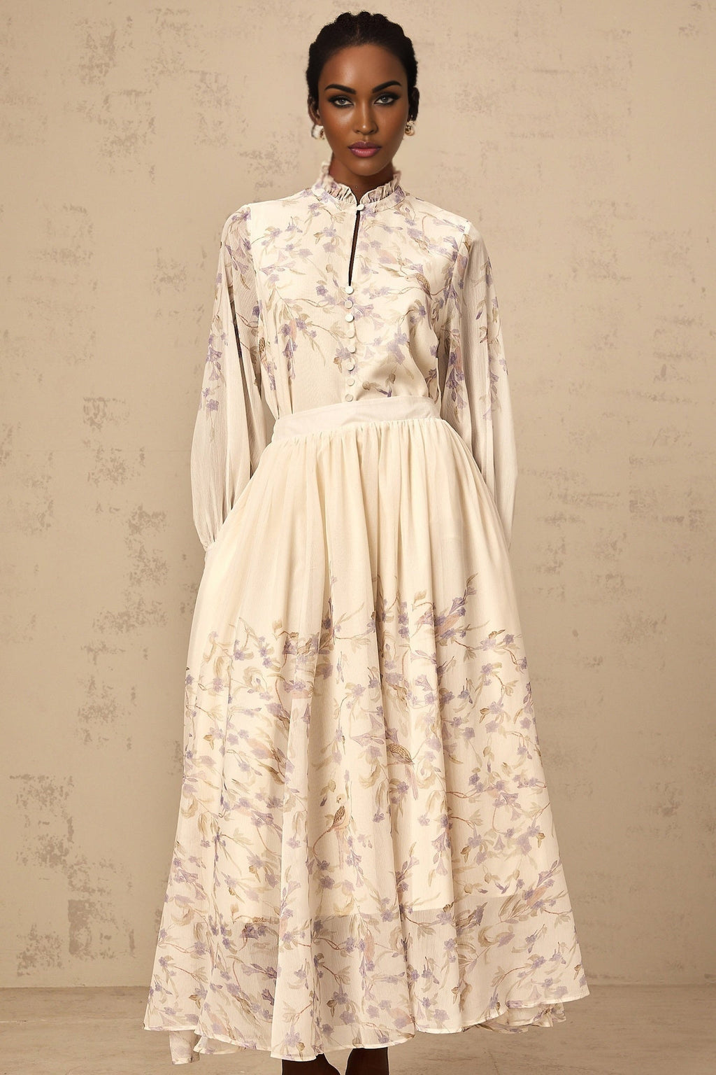 Caterina Floral Blouse and Skirt Set – Frilled Neck – Lantern Sleeves – Pleated Calf - Length Skirt – Lined Design
