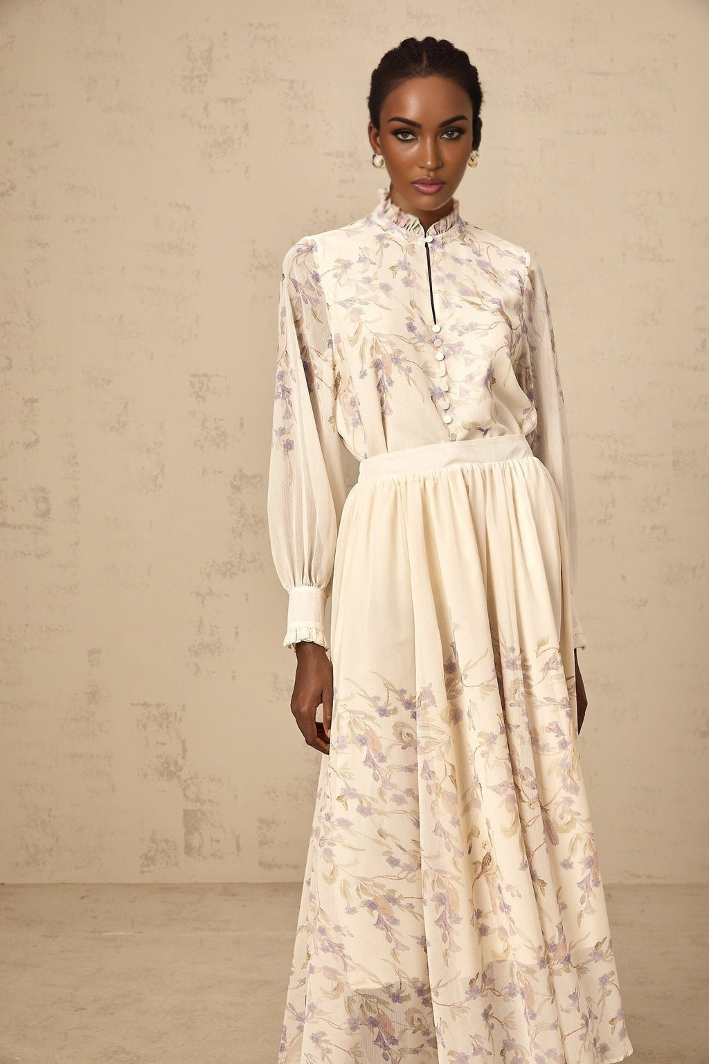 Caterina Floral Blouse and Skirt Set – Frilled Neck – Lantern Sleeves – Pleated Calf - Length Skirt – Lined Design