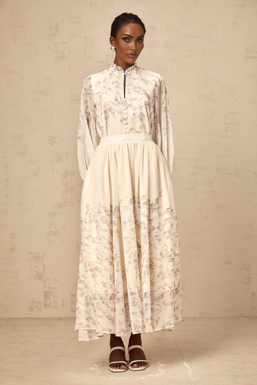 Caterina Floral Blouse and Skirt Set – Frilled Neck – Lantern Sleeves – Pleated Calf - Length Skirt – Lined Design