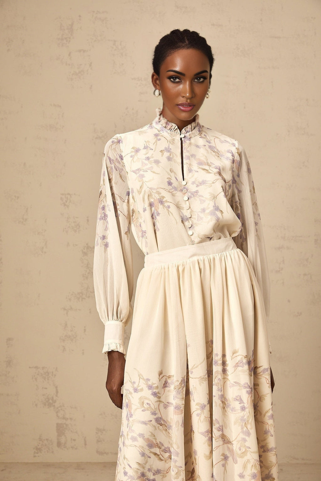Caterina Floral Blouse and Skirt Set – Frilled Neck – Lantern Sleeves – Pleated Calf - Length Skirt – Lined Design