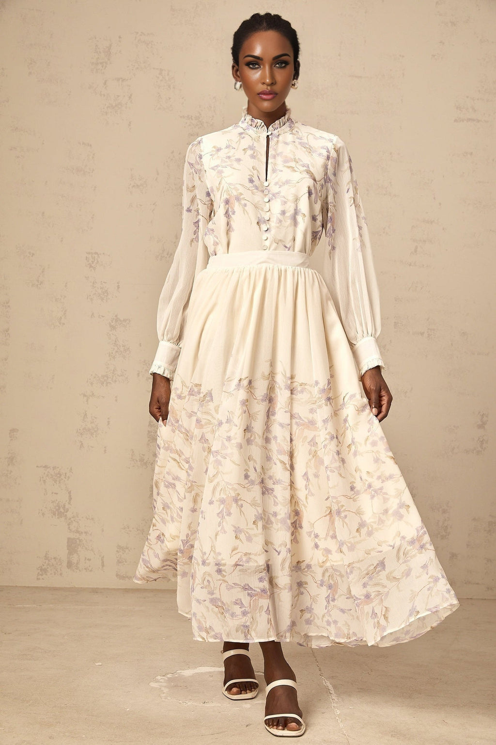 Caterina Floral Blouse and Skirt Set – Frilled Neck – Lantern Sleeves – Pleated Calf - Length Skirt – Lined Design