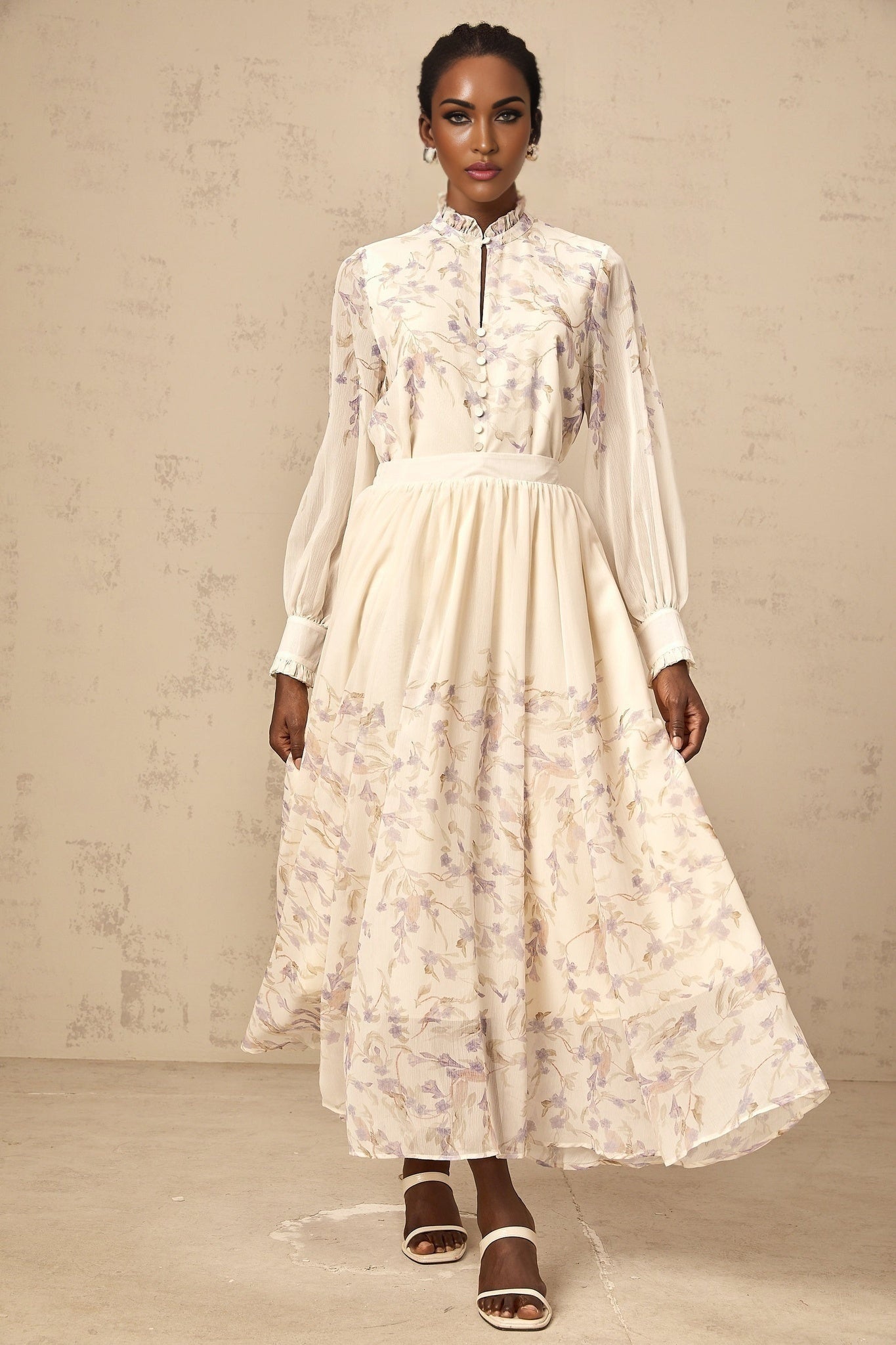 Caterina Floral Blouse and Skirt Set – Frilled Neck – Lantern Sleeves – Pleated Calf - Length Skirt – Lined Design