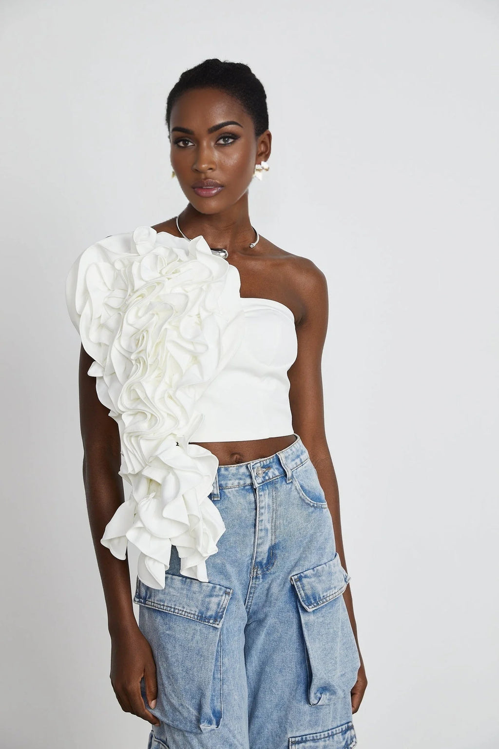 Caterina Floral Top - Off - the - shoulder Style - Sleeveless Design - Floral Applique Detailing - Rear Zip Fastening