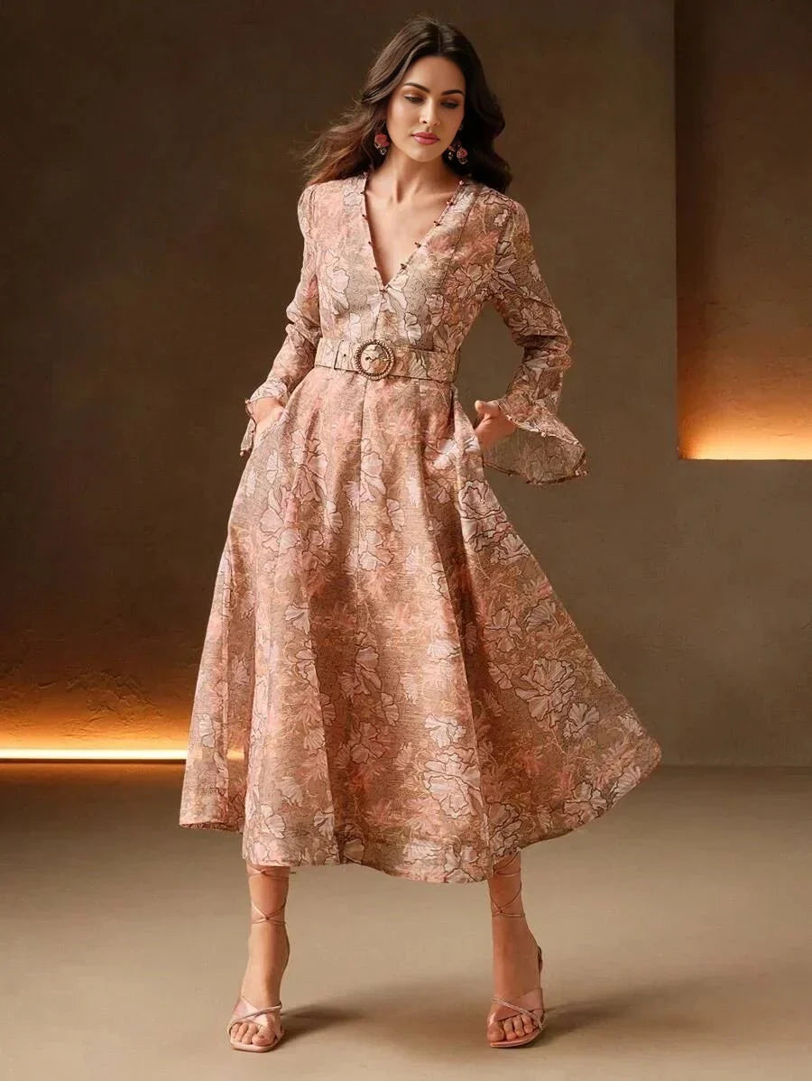 Caterina Midi Dress - V Neck - Flare Sleeve - High Waist - A Line - Elegant